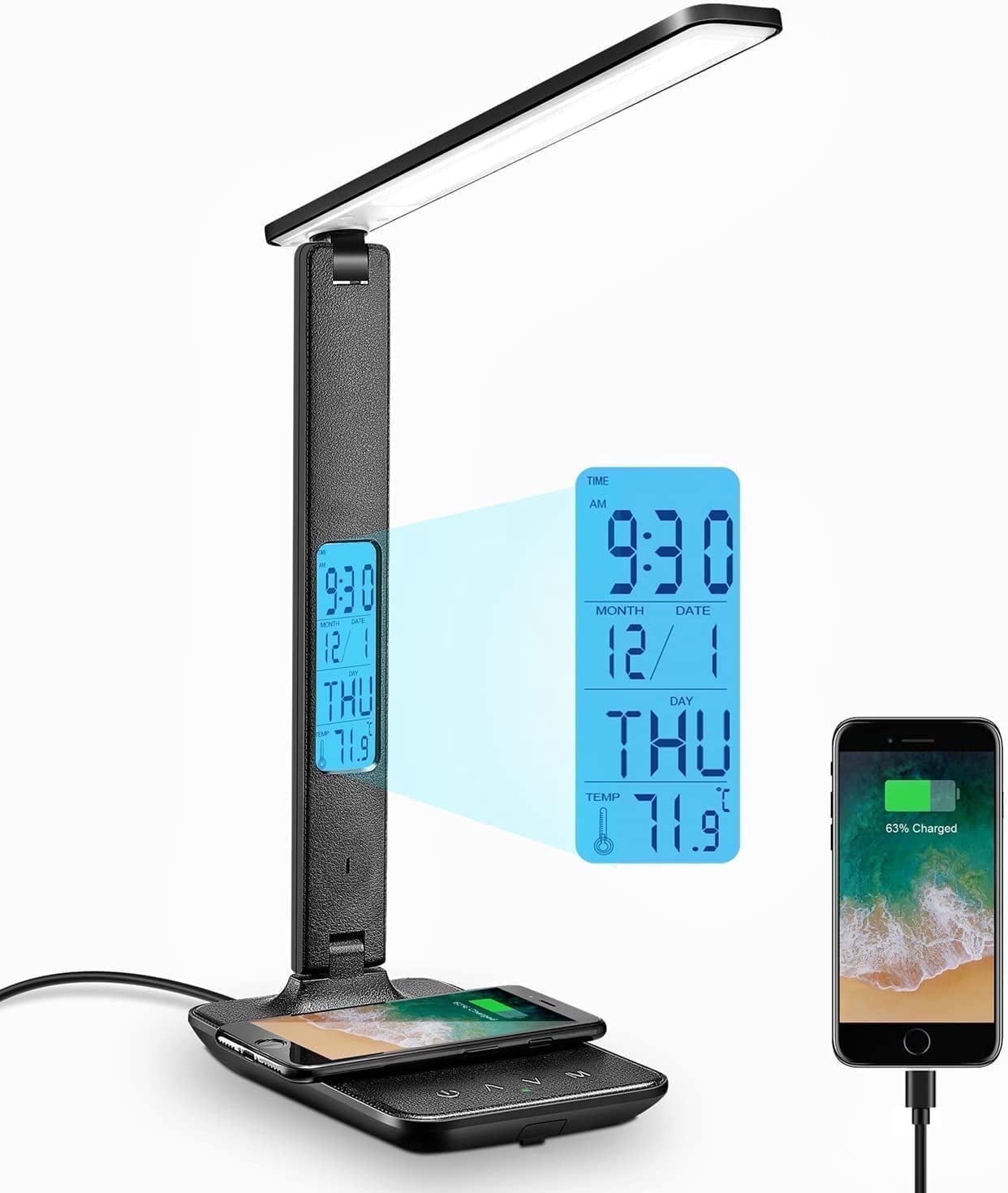 Lococo LED Desk Lamp with Wireless Charger and USB Port, Foldable Office Light with Clock and Alarm (Black, 1 Pack) bxw6e