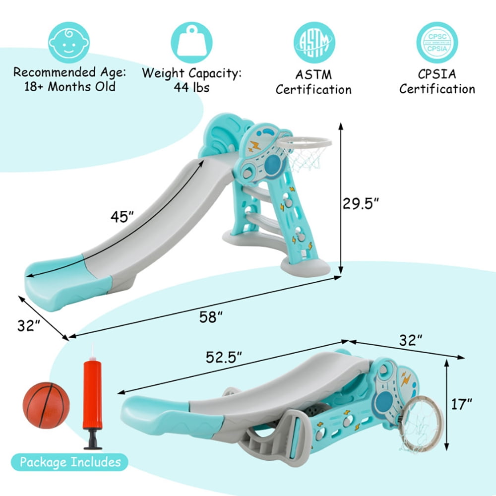 Barara King 3-in-1 Toddler Slide Playset with Basketball Hoop (Blue, 52.5 in x 32 in x 17 in) lzfhc