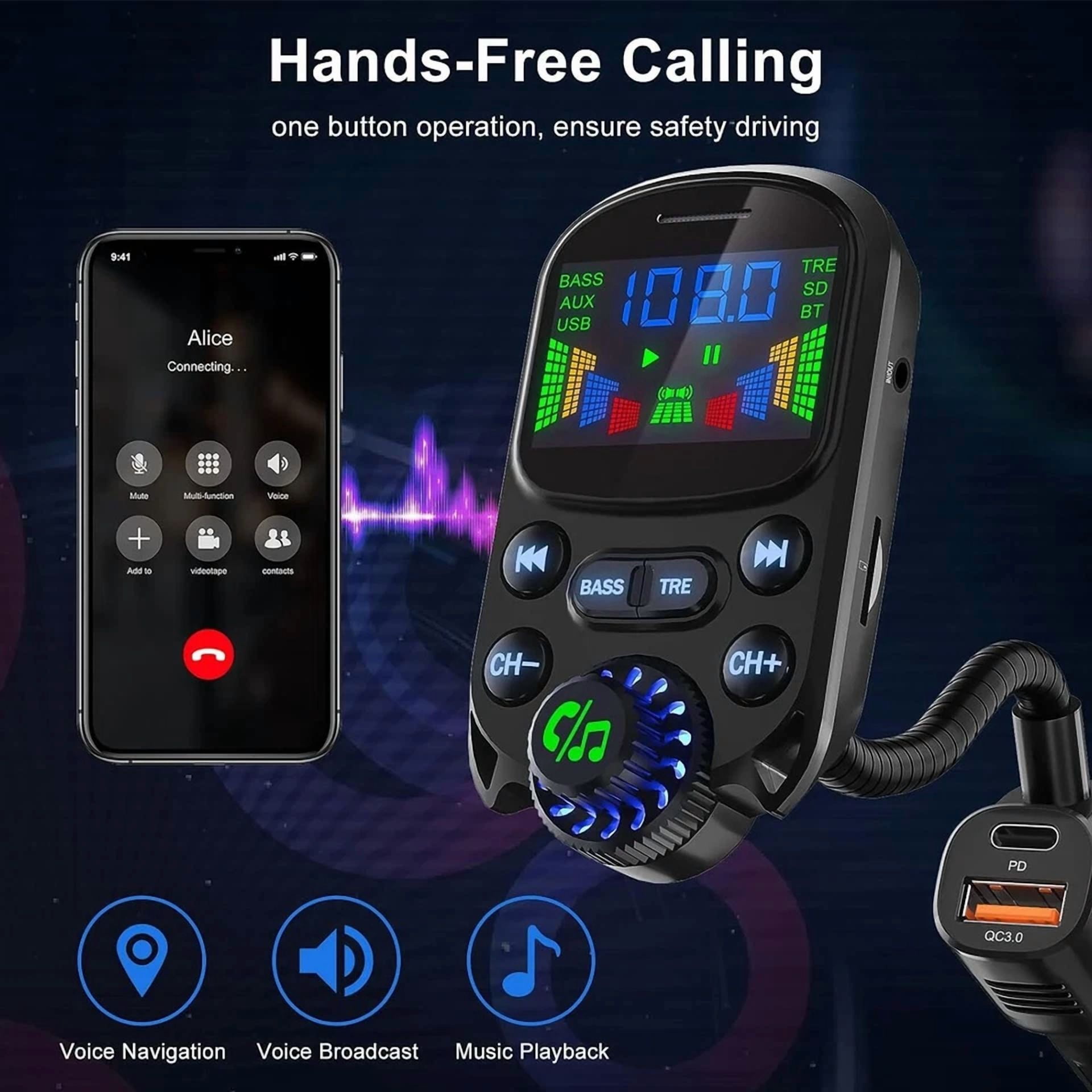Rhea Car Bluetooth FM Transmitter Wireless Radio Adapter (3-Port Charger, Hands-Free Calling) 3y1td