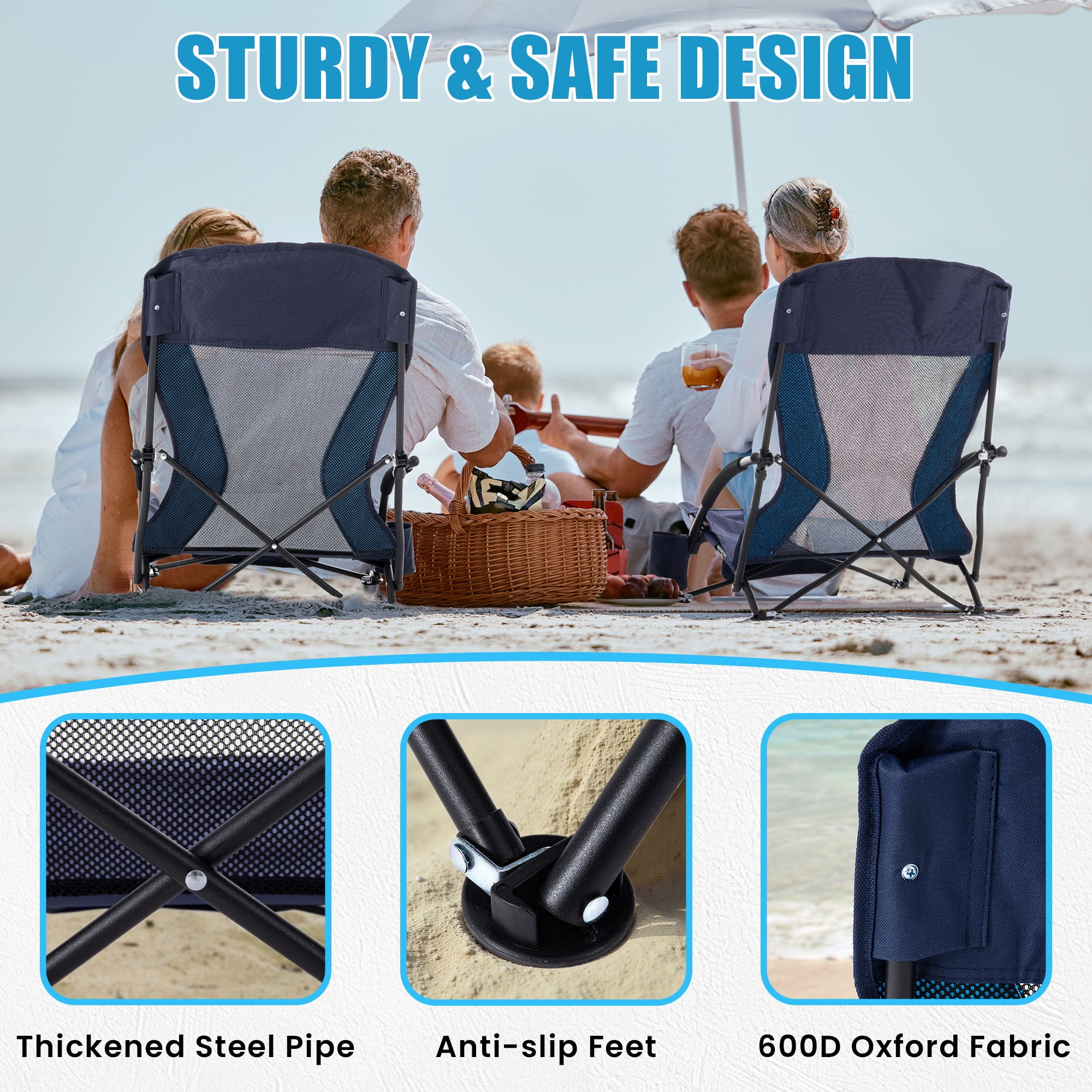 HoneiLife Low Folding Beach Chair, Portable Lightweight Outdoor Lawn Seat with Cup Holder and Carry Bag (Navy Blue, 300 lb Capacity) acpat