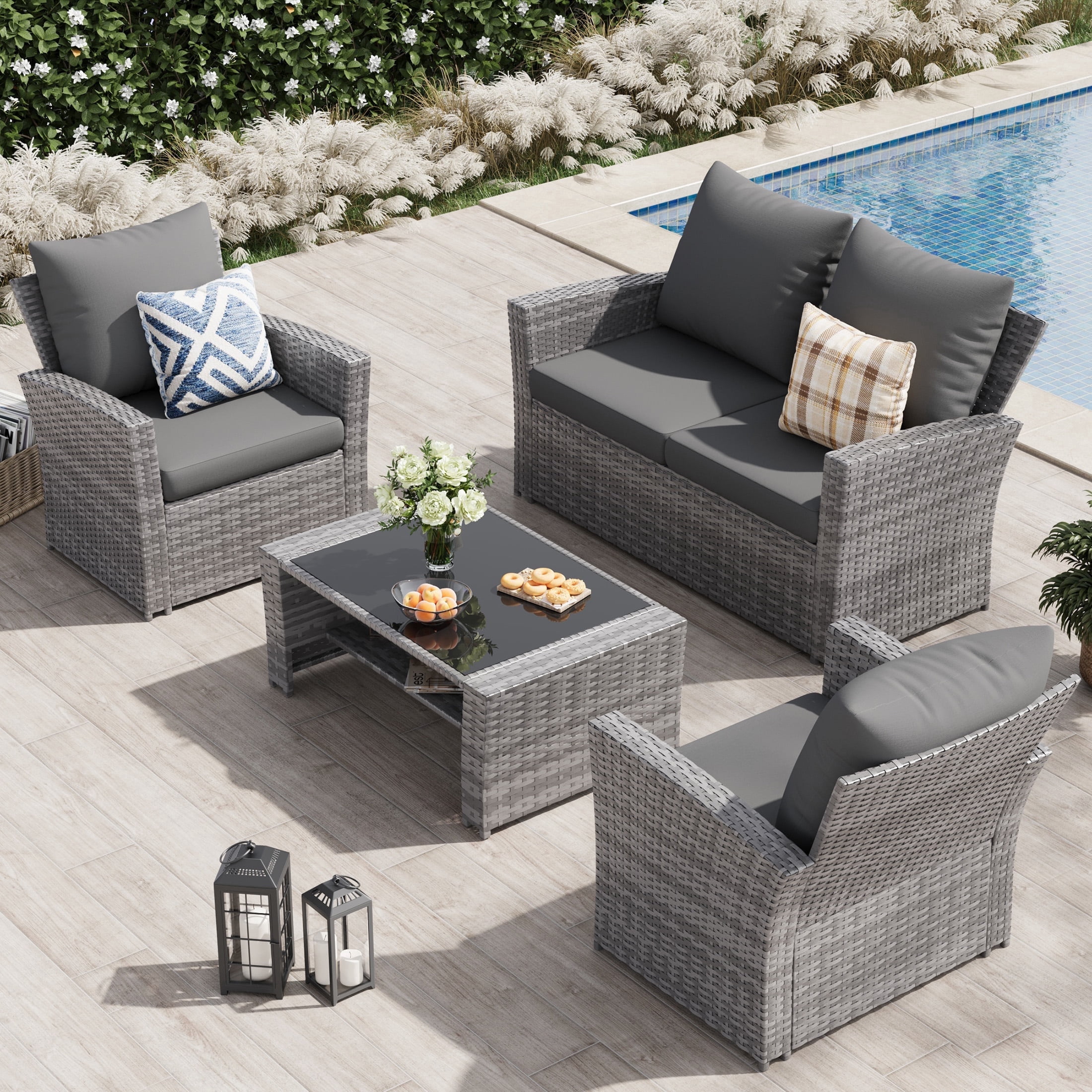 UDPATIO 4-Piece Wicker Patio Furniture Set, Outdoor Sectional Conversation Sofa with Cushions (Gray, 4-Piece Set) 0rb7t