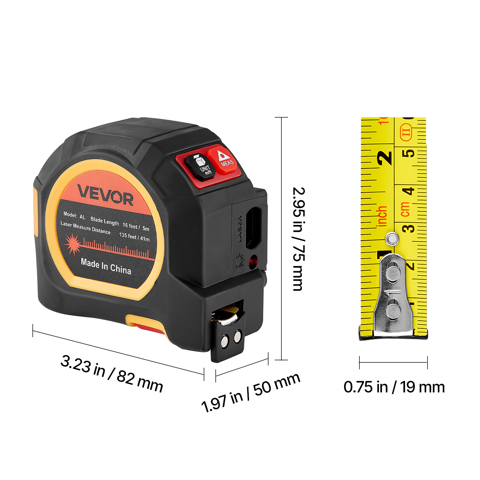 VEVOR 2-in-1 Laser Tape Measure, 135 ft Laser Distance Tool & 16 ft Magnetic Measuring Tape (Black, 135 ft) dl48z