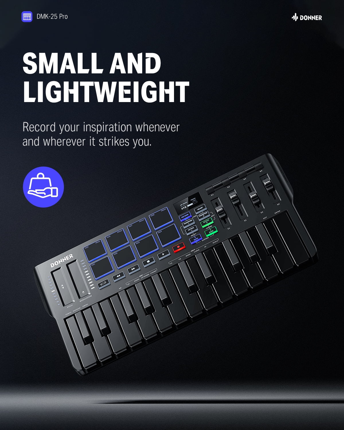 Donner DMK 25 Pro MIDI Keyboard Controller, 25-Key Portable Music Production Keyboard with 8 Backlit Drum Pads and OLED Display (Black) ji1uk