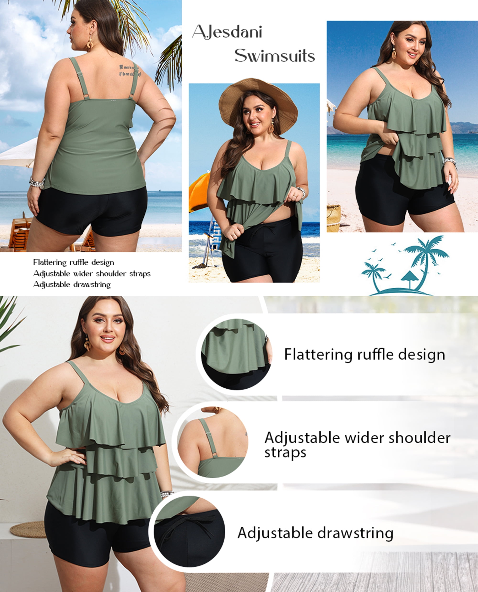a.Jesdani Women Plus Size Tankini Swimsuit Tummy Control Two Piece Bathing Suit Ruffled Flounce (Orange, 0X-5X) hg2zc