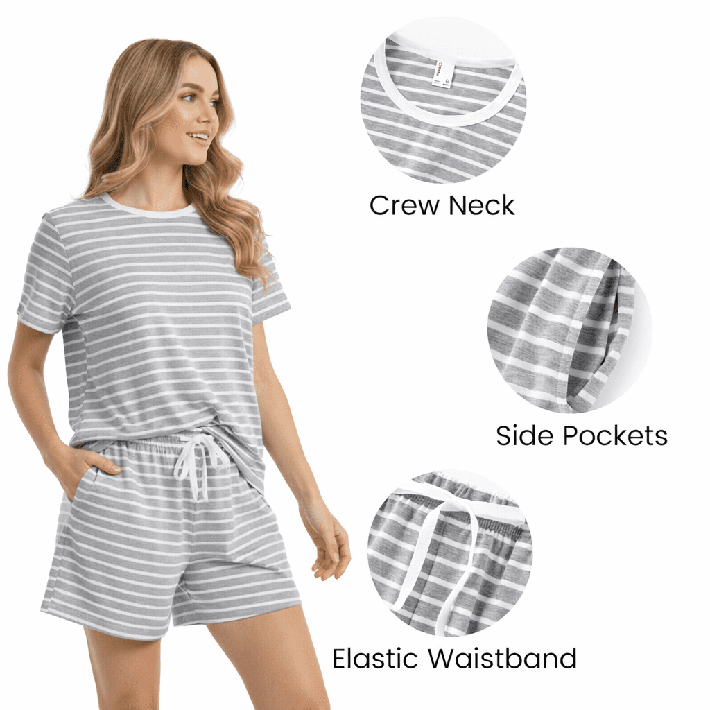 PatPat Womens 2 Piece Lounge Set Short Sleeve Top and Shorts Striped Pajama Outfit (Light Grey, M) 0g3eg