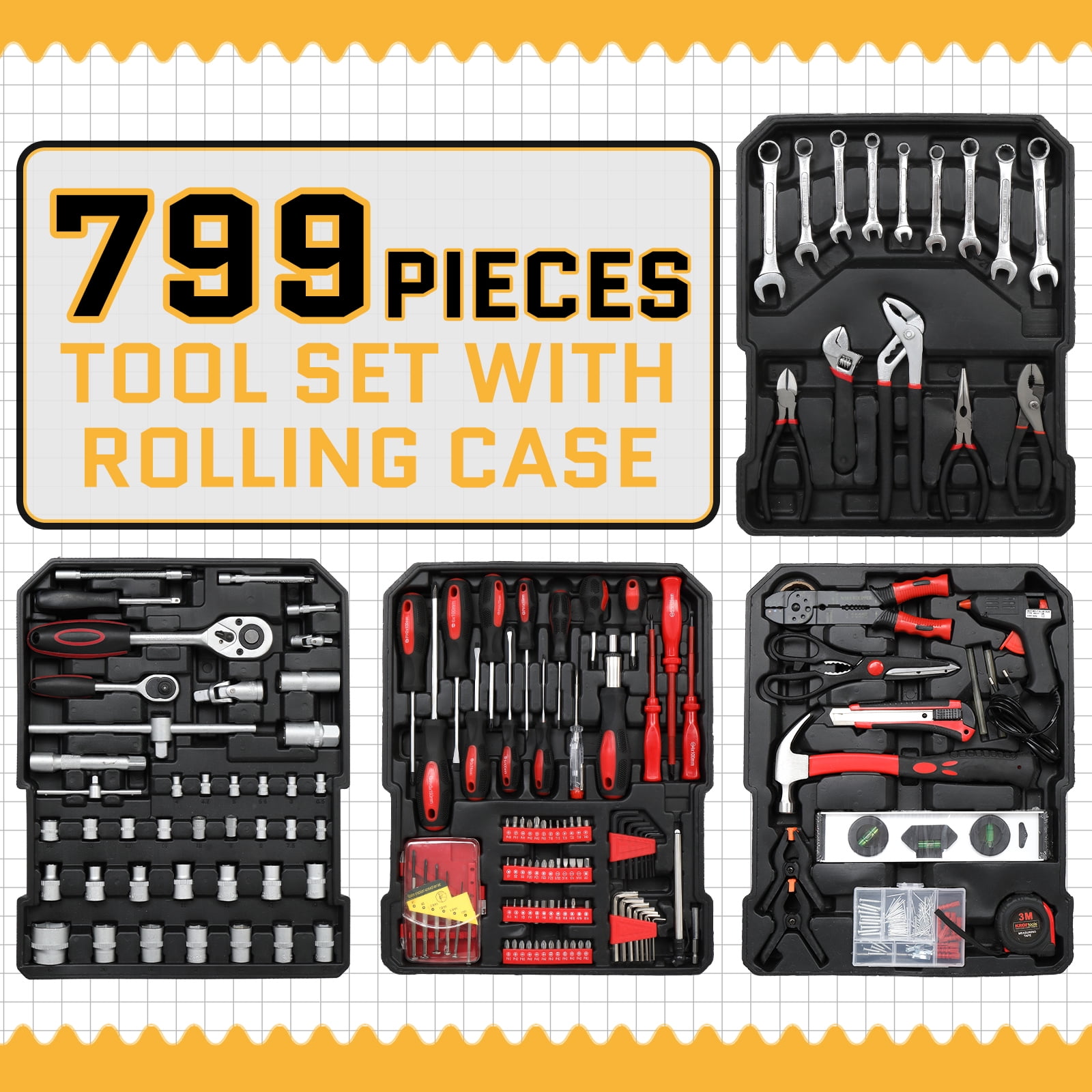 UBesGoo 799-Piece Household Mechanics Tool Set with Rolling Trolley Case (Silver, 799 Pieces) gk1n1