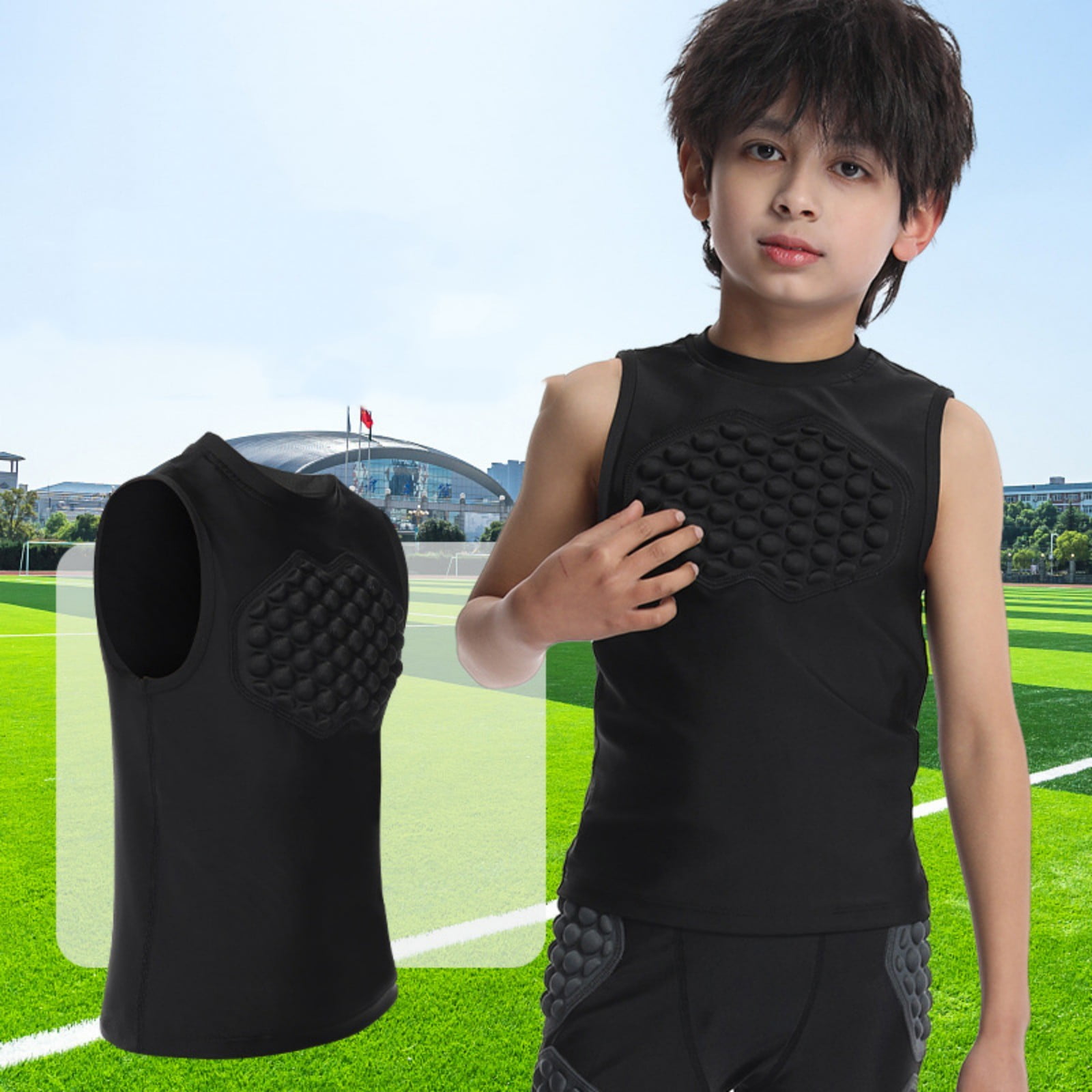 LNMQLPDBS Youth Padded Compression Shirt Chest and Rib Protector for Football Baseball (Black, 7-8 Years) 2kn3d