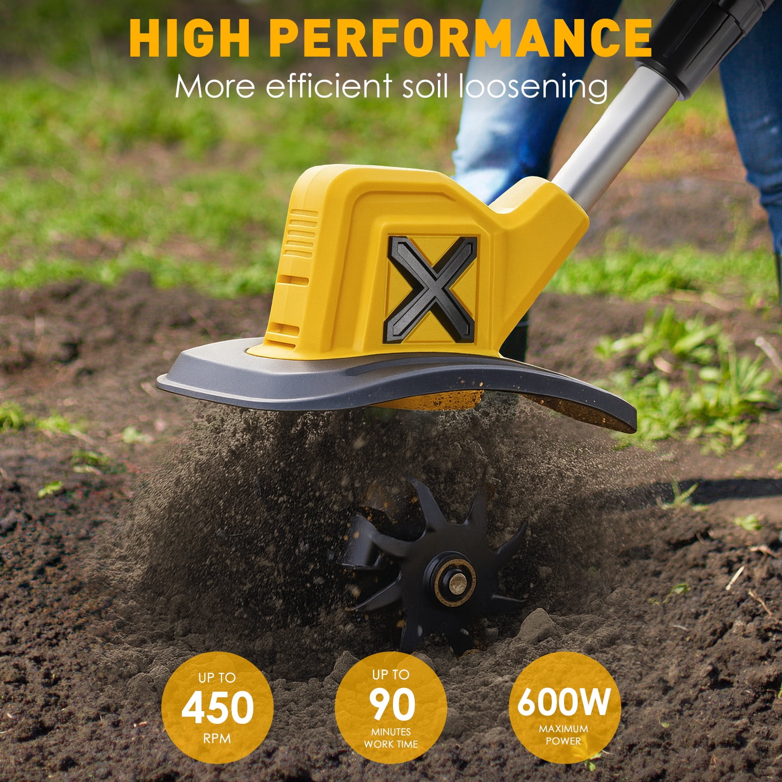 HUSGW Cordless Electric Tiller Cultivator, 21V Garden Rototiller with 2 Batteries & Charger (9 in Tilling Width, 6 in Depth) jd10g