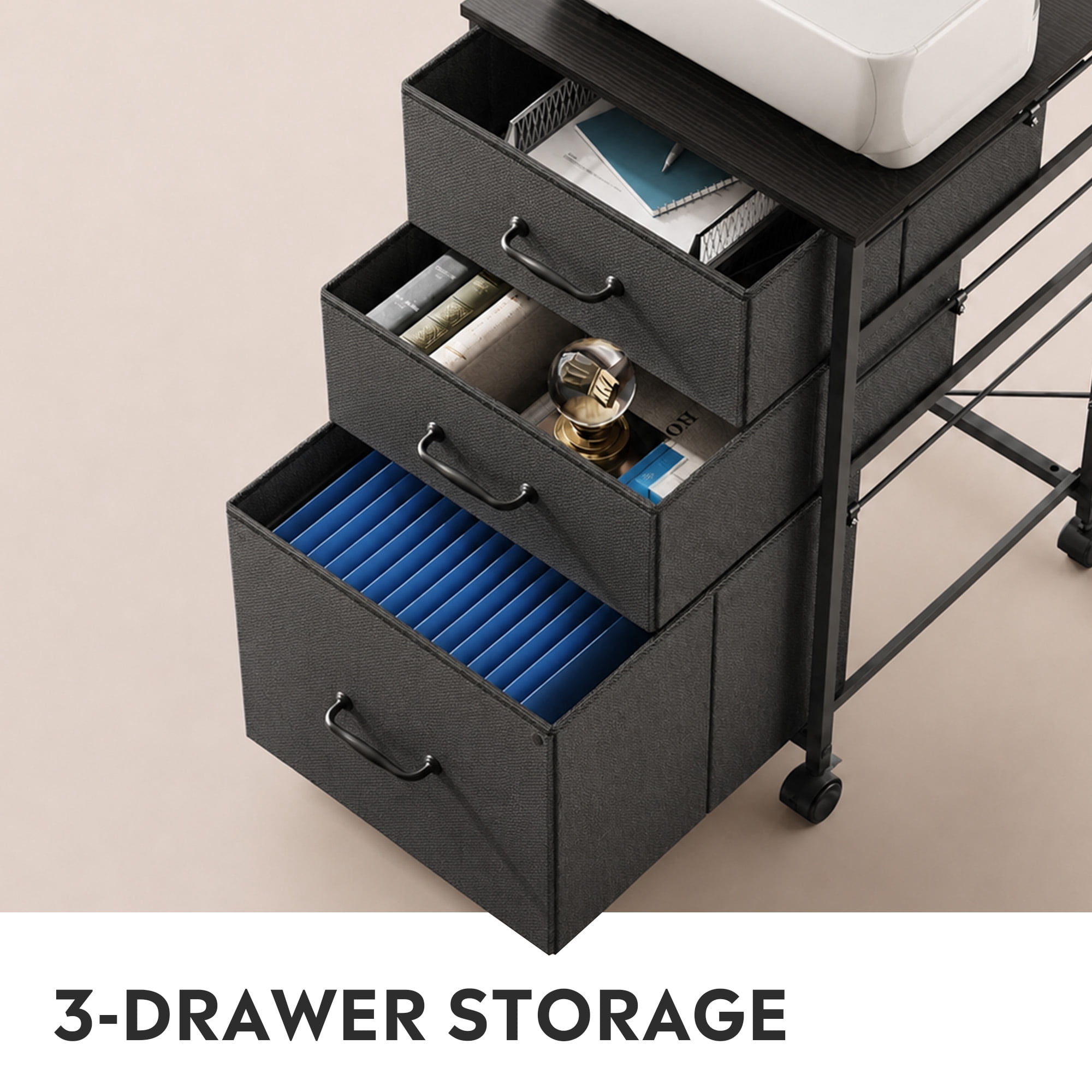 GALAXHERO 3-Drawer Rolling File Cabinet for Home Office, Vertical Printer Stand with Fabric Storage (Black) nbdx2