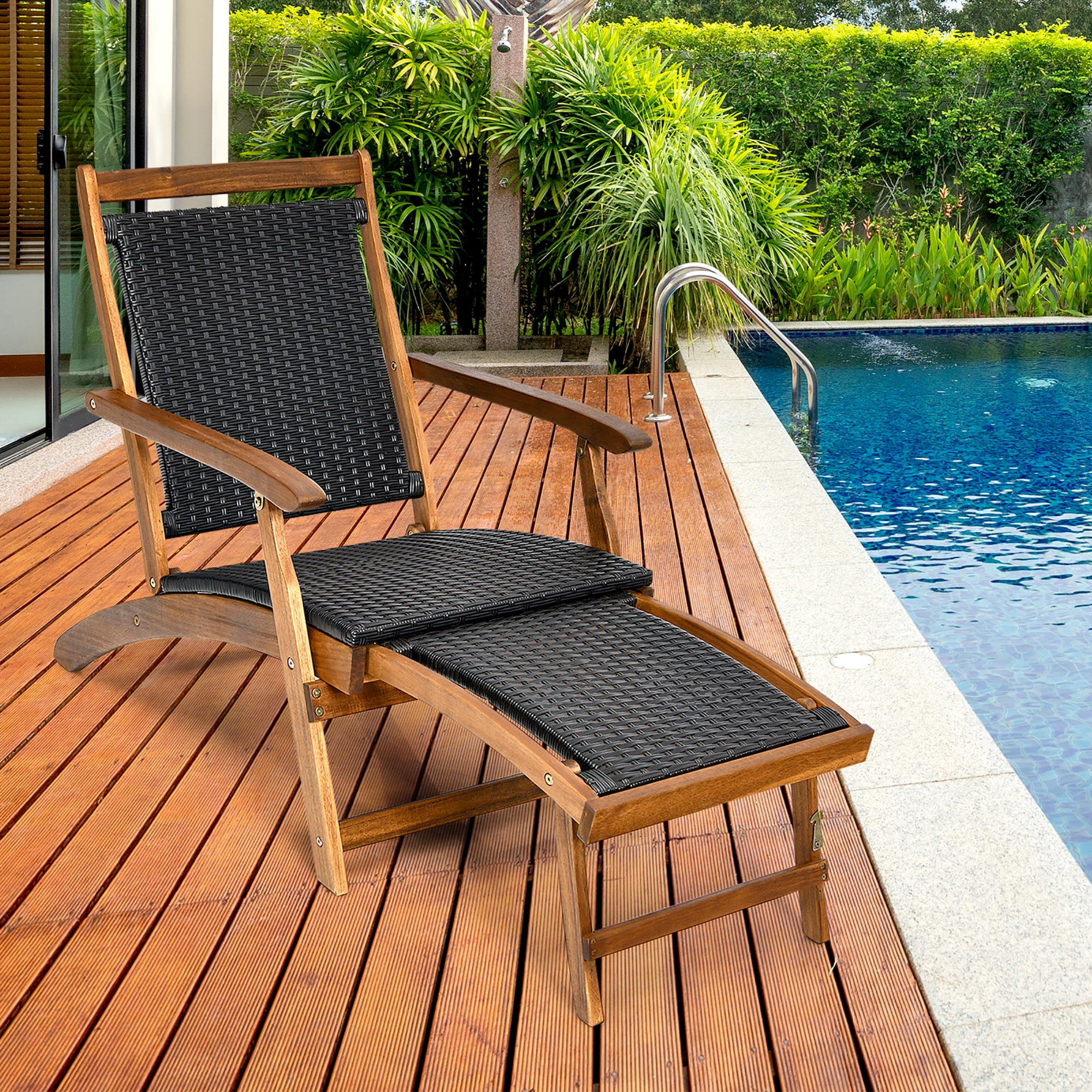 Costway 2-Piece Patio Folding Rattan Lounge Chair Set with Retractable Footrest (Brown, 24 in x 51.5 in x 32.5 in) motay
