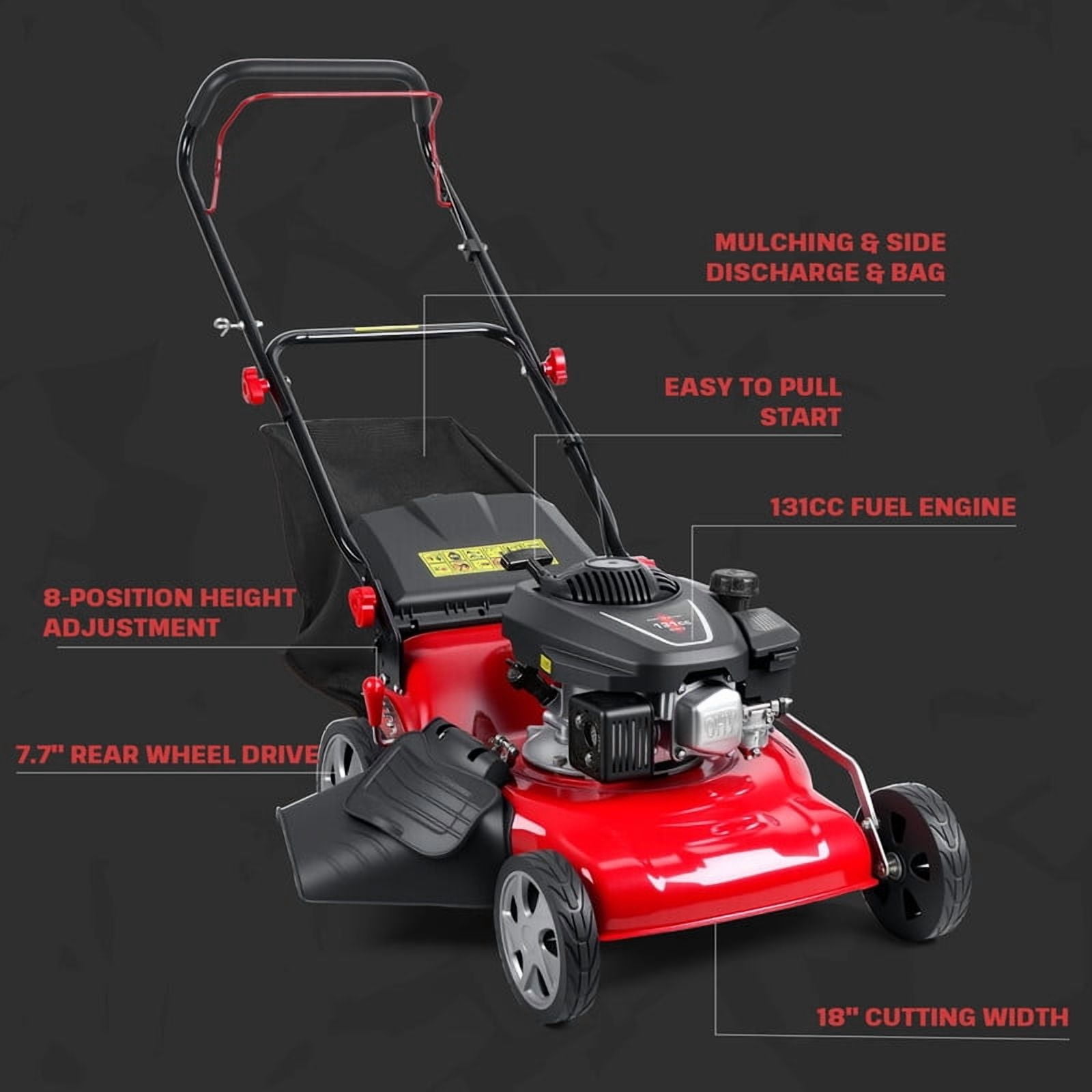 Momarys 3-In-1 Self-Propelled Gas Lawn Mower with 131CC Engine and 8-Level Height Adjustment (Red, 13.2 gal) 6z53w
