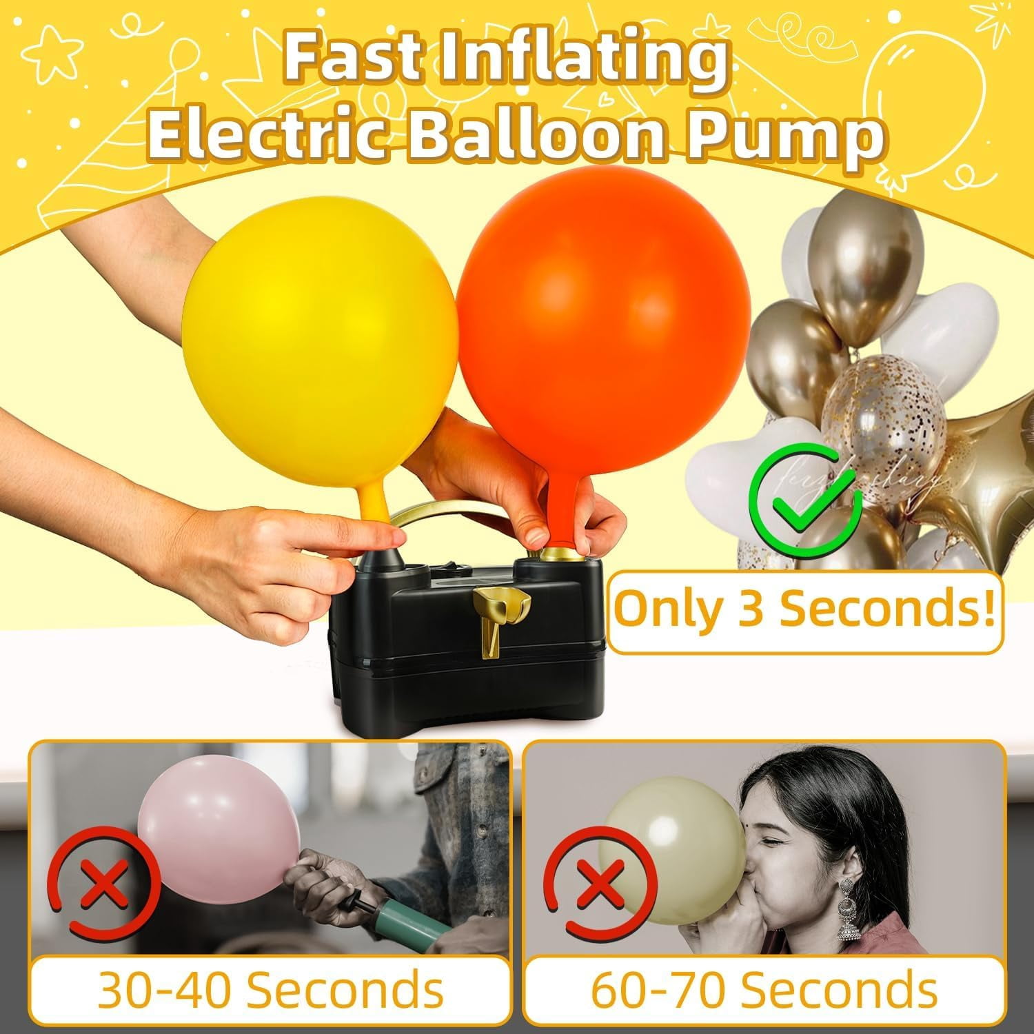 Generic Electric Balloon Inflator Pump Dual Nozzle Portable Air Blower for Party Decorations (Gold, 5.9 in x 4.3 in x 4.5 in) 90pgj
