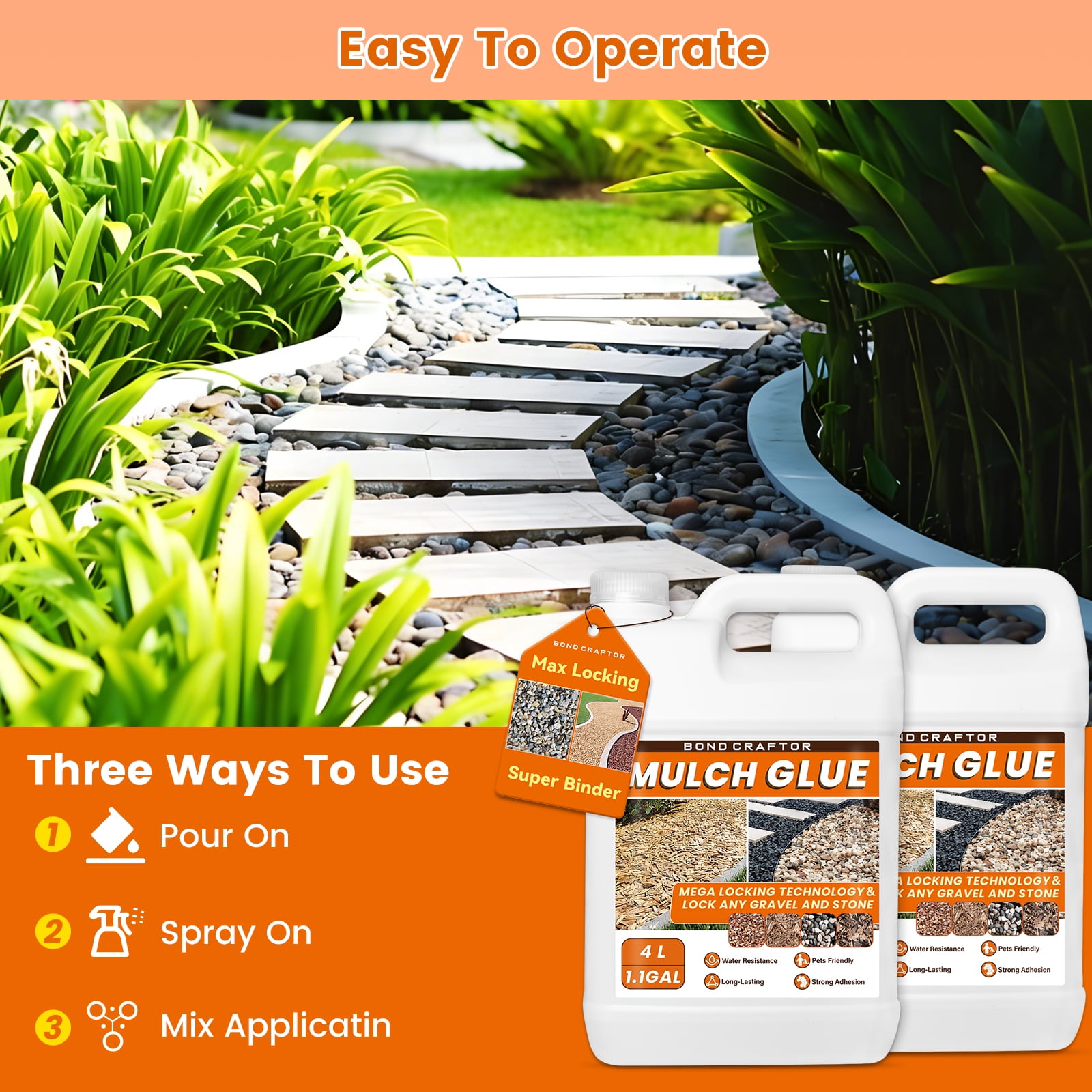 Bond Craftor Mulch Glue, Landscape Gravel Binder for Garden Walkways (Clear, 1.1 gal) mtw3a