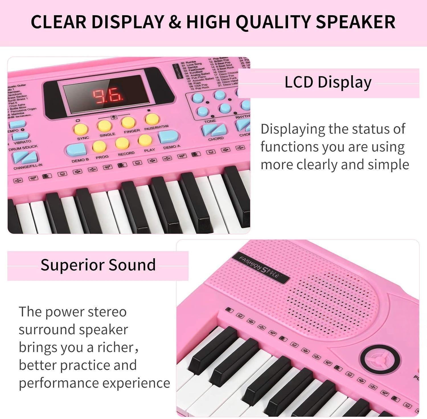 Mixfeer 61-Key Portable Electronic Keyboard Piano for Beginners with Microphone and Sheet Stand (Pink) y6d1a