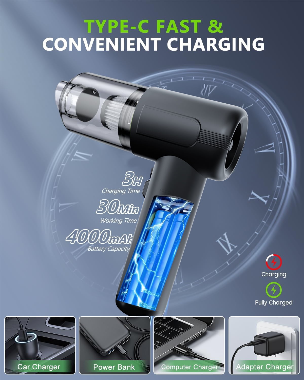 TRAKAR 4-in-1 Portable Cordless Car Vacuum Cleaner, High Power Rechargeable Handheld Vacuum with LED Light (Black, 1-Pack) v5m0h