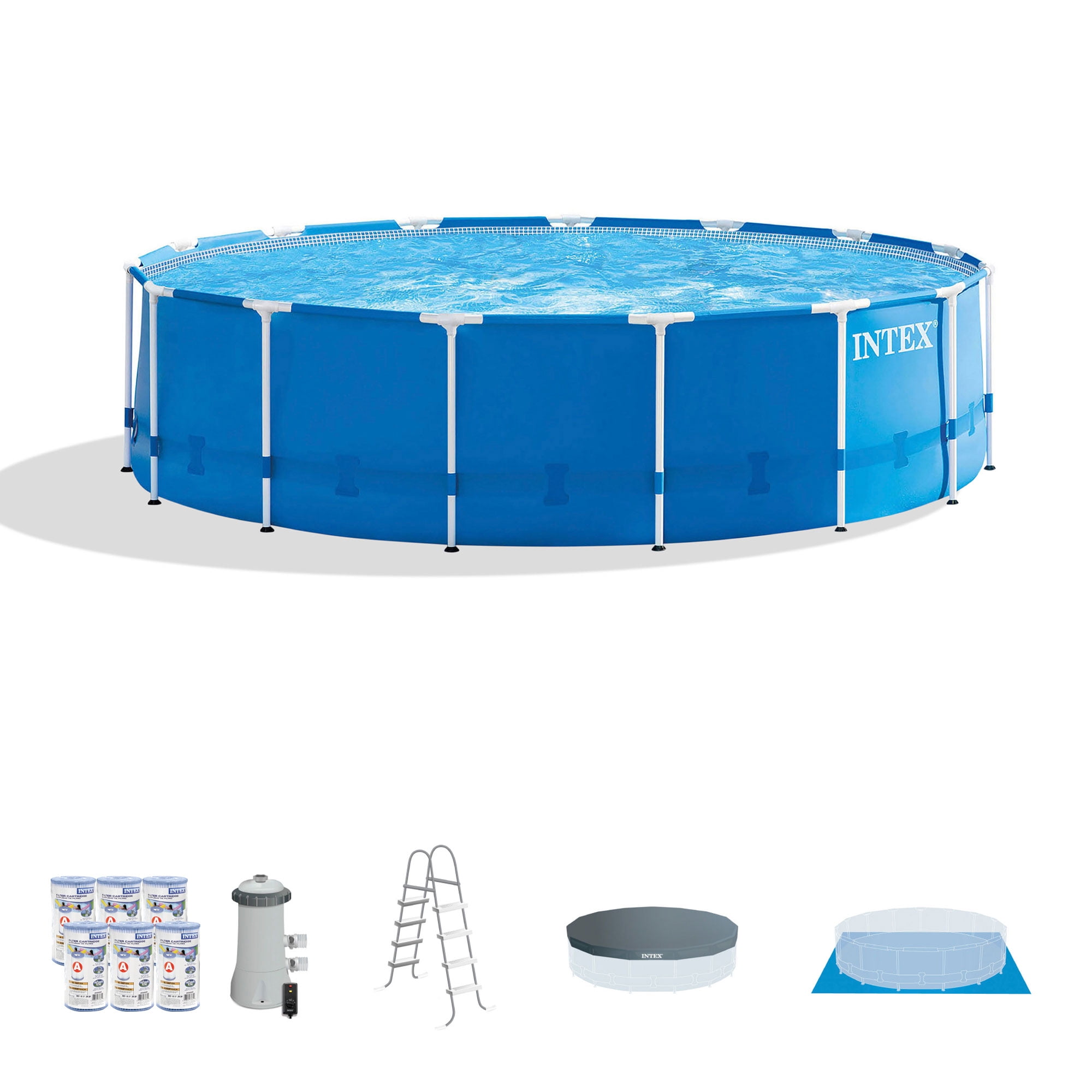 Intex 15ft x 48in Above Ground Metal Frame Swimming Pool Set with Pump and Accessories (Blue, 15ft x 48in) wt130