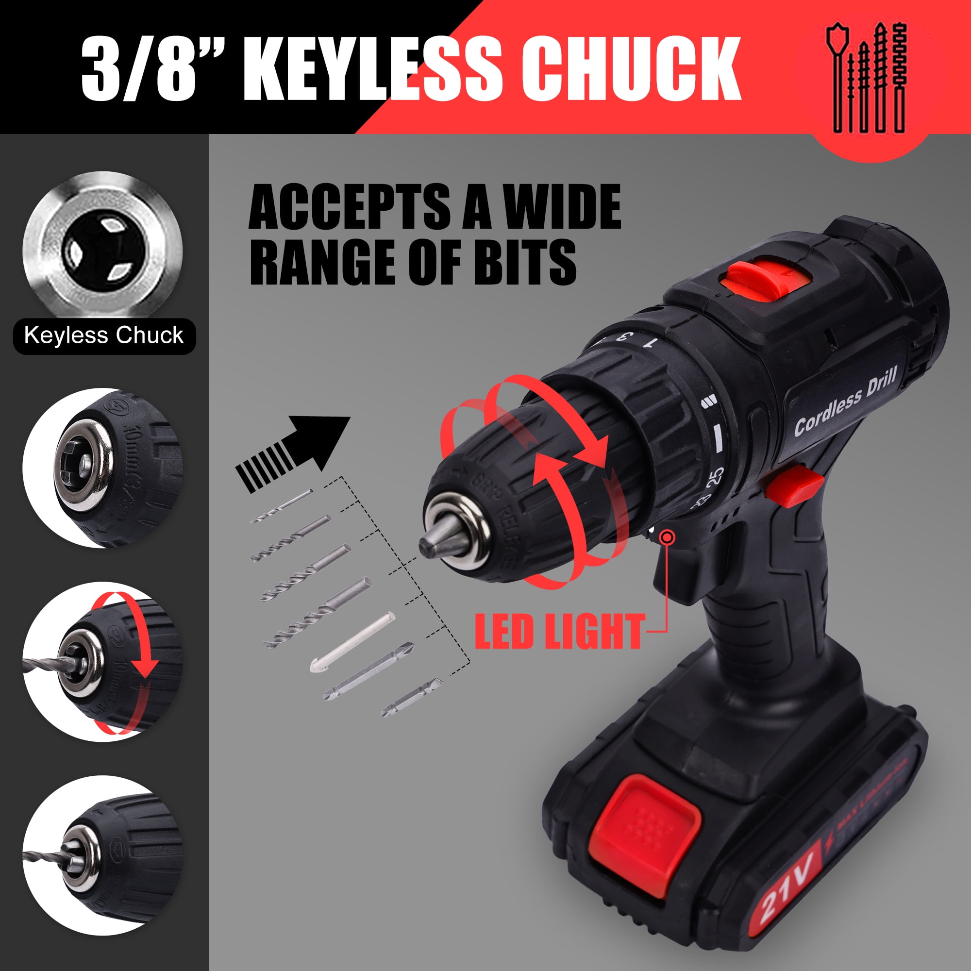 HDJ 21V Cordless Drill Driver Set with 2 Batteries, 3/8 in Keyless Chuck, Variable Speed (Black, 3.37 lb) msh9o