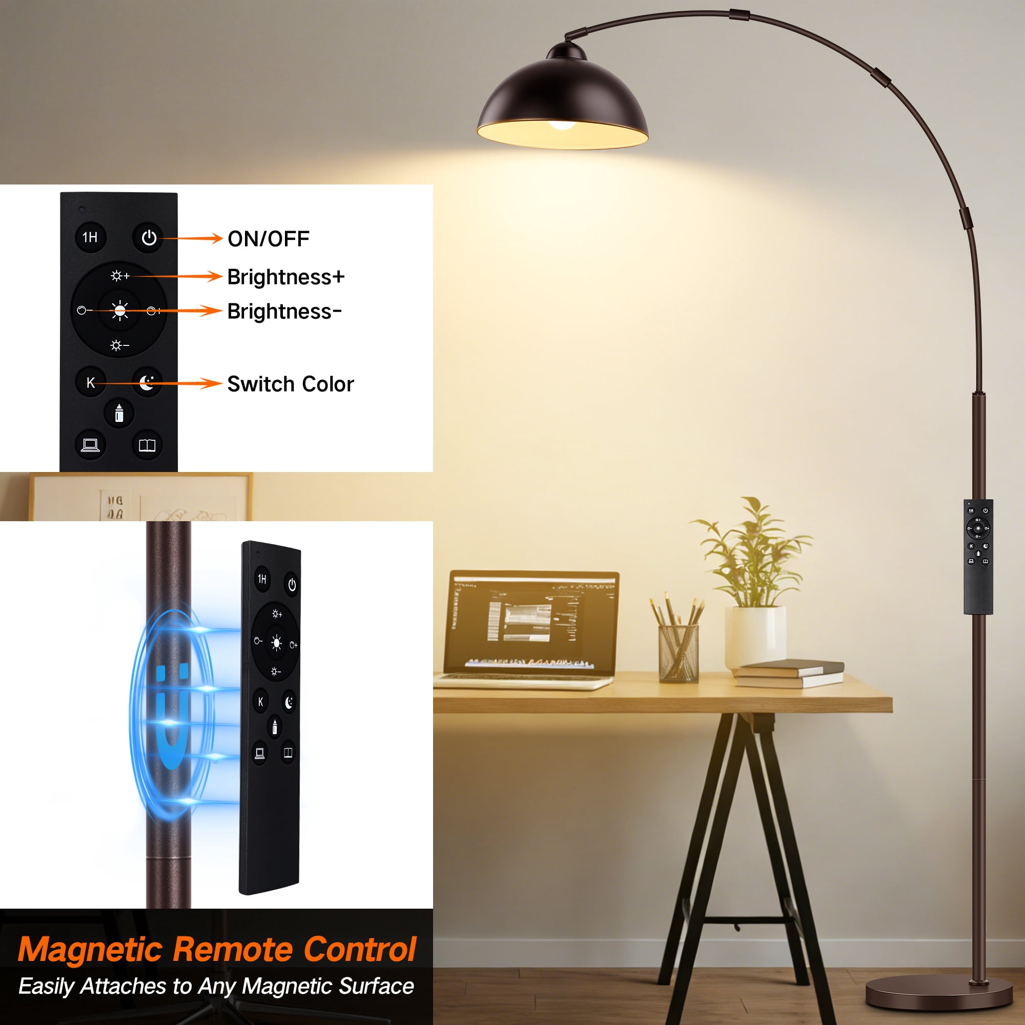 Outon Arc Floor Lamp with Remote, Dimmable LED Standing Lamp for Living Room and Bedroom (Brown, 80.3 in) qpt7m