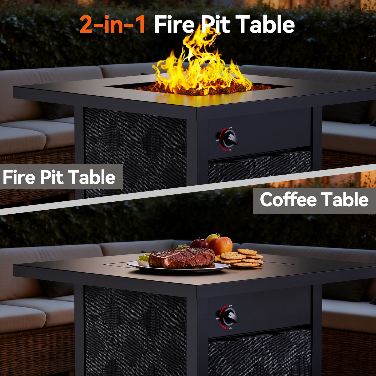 Philergo 28 in Propane Fire Pit Table, 50,000 BTU Square Gas Fire Pit with Removable Lid and Lava Rocks (Black, 28 in) f1rjx