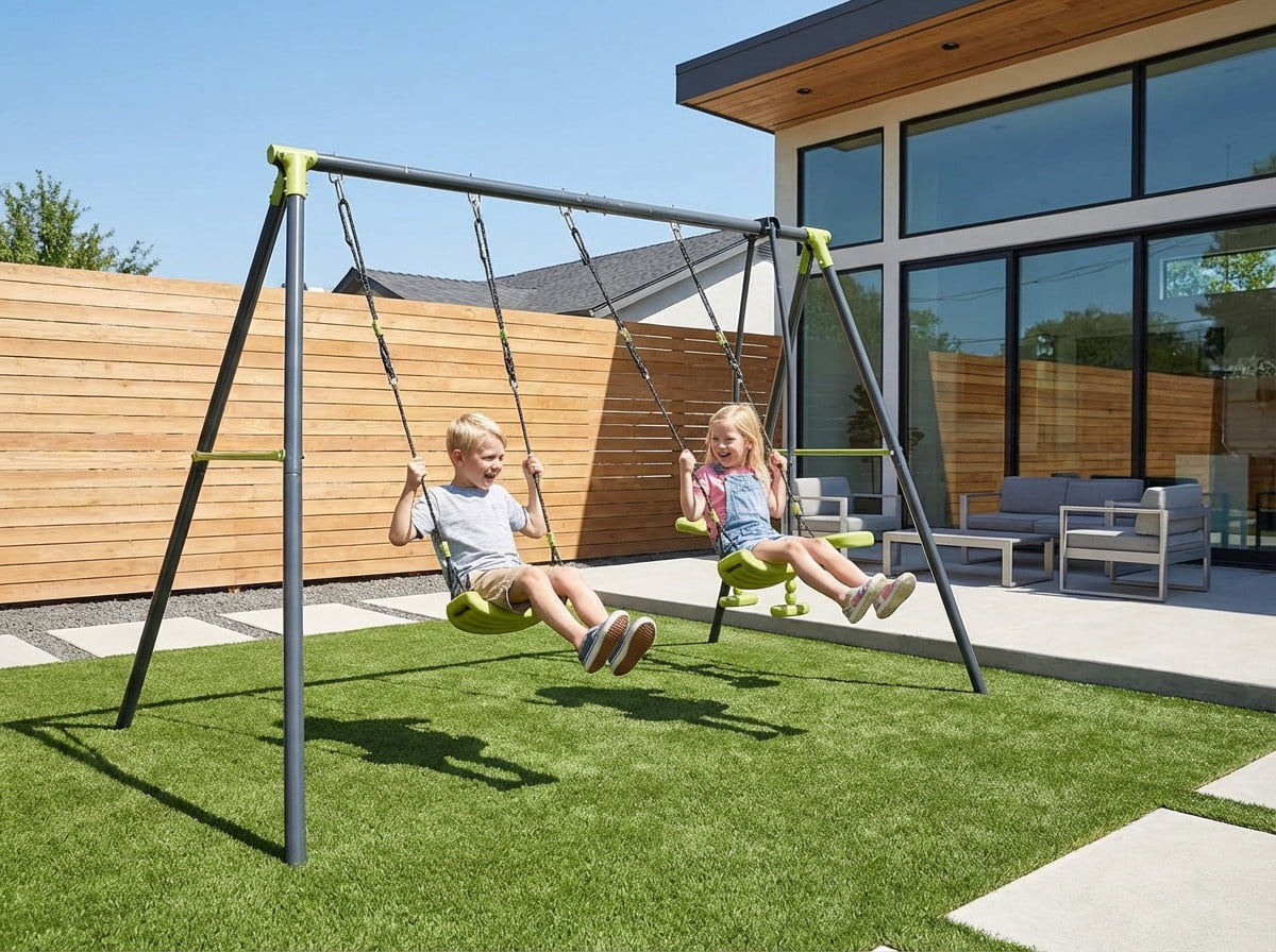 Segmart Heavy Duty Outdoor Metal Swing Set for Backyard with 2 Belt Swings and Glider (Green) f1rob