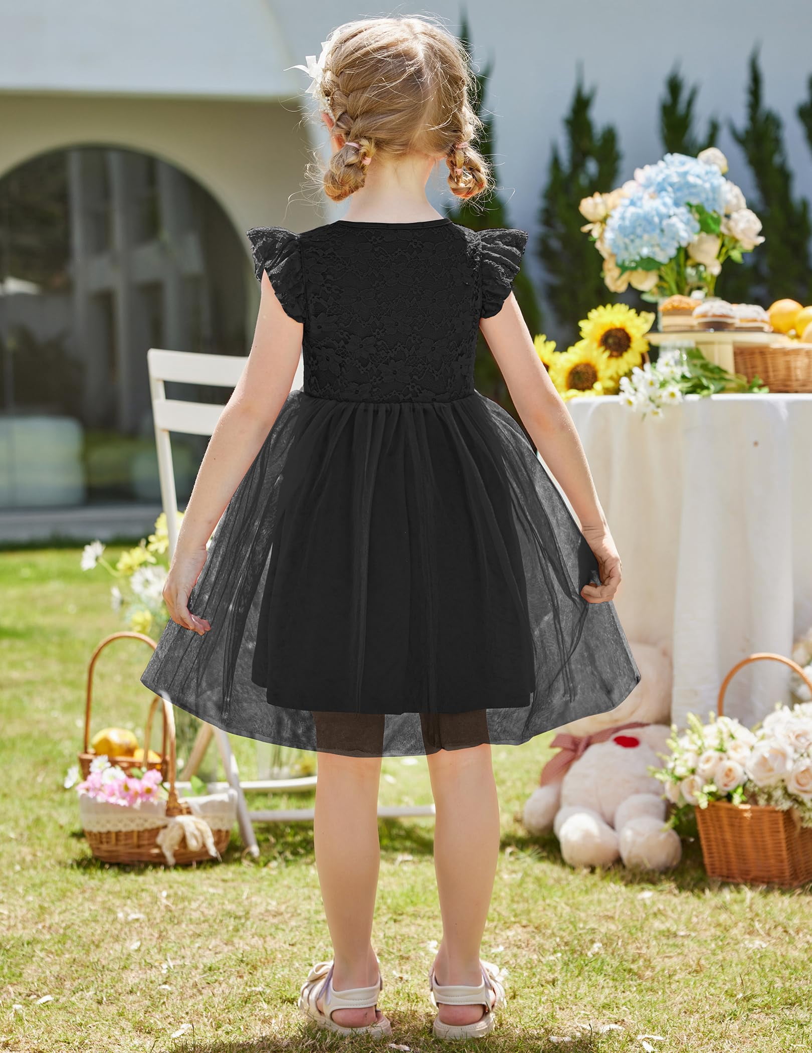 Oudiya Toddler Girls Lace Tutu Dress 3-Layer Tulle Ruffle Sleeve Summer Party Dress (Black, 3T) 9qw3c