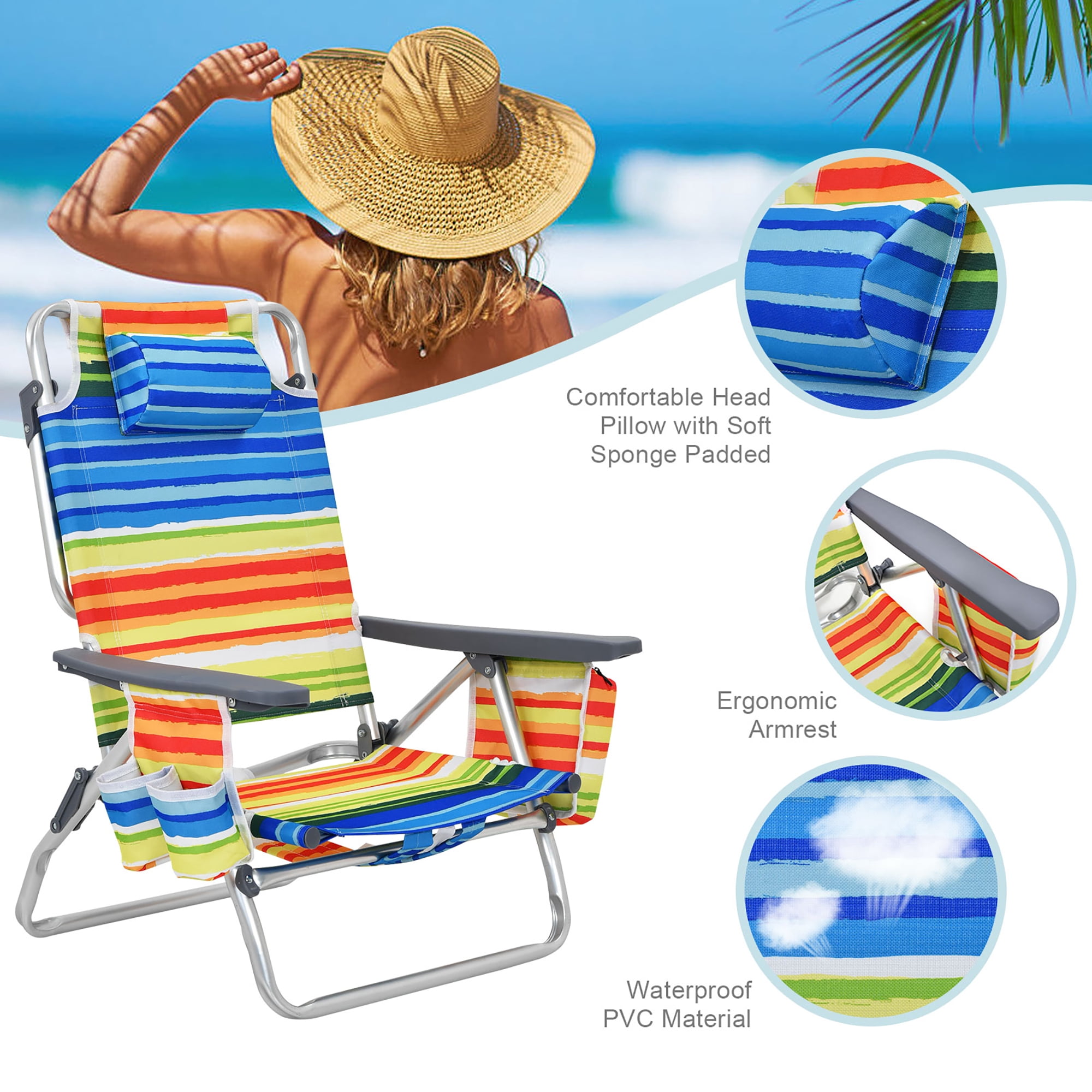 Costway 2-Pack Folding Backpack Beach Chair (5-Position Reclining Outdoor Chair with Pillow, Yellow) peyhw