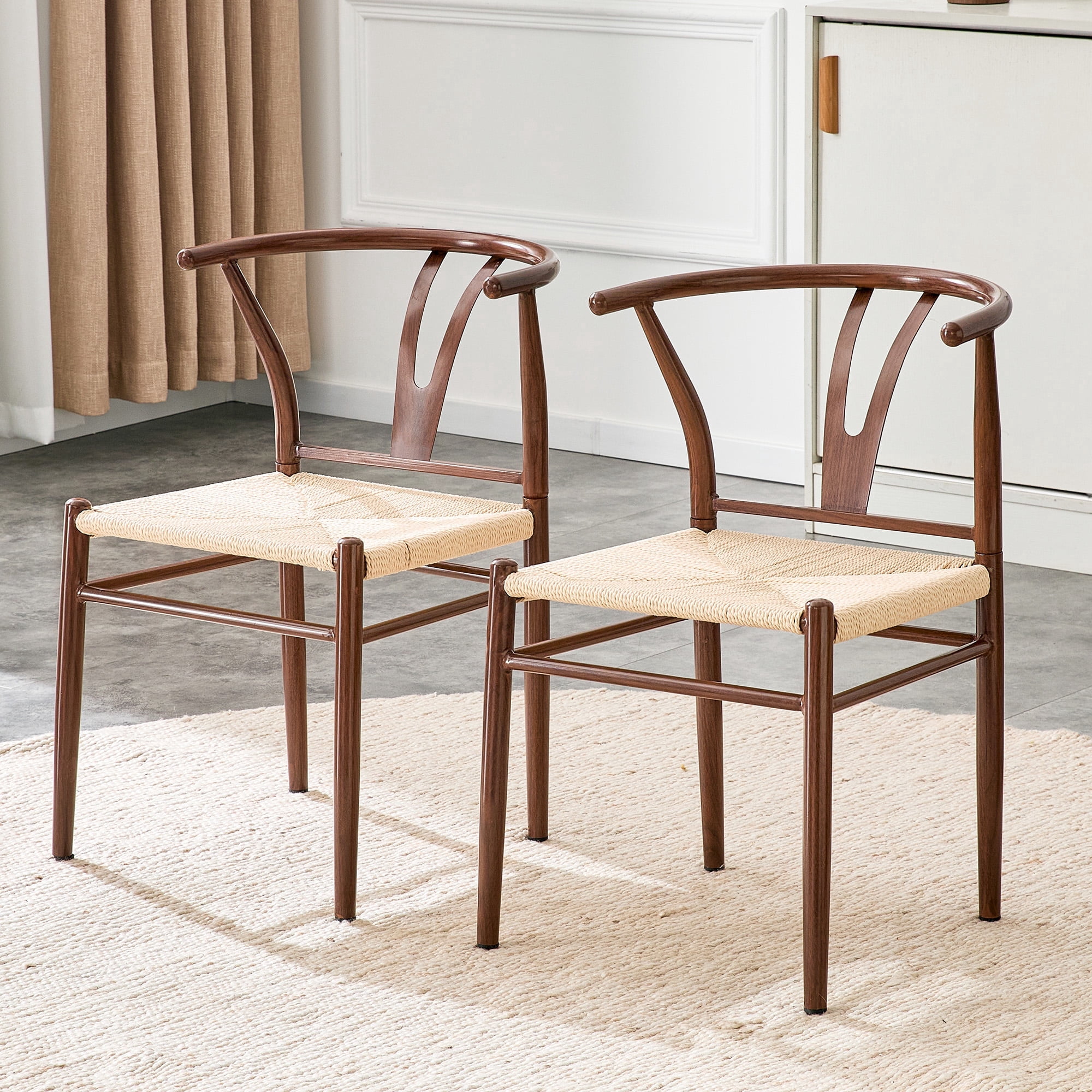 Cekeme Wishbone Dining Chair Set of 2, Mid-Century Modern Y-Shaped Armchair with Woven Seat (Brown, 17.7 in D x 19.6 in W x 29 in H) q5xf2