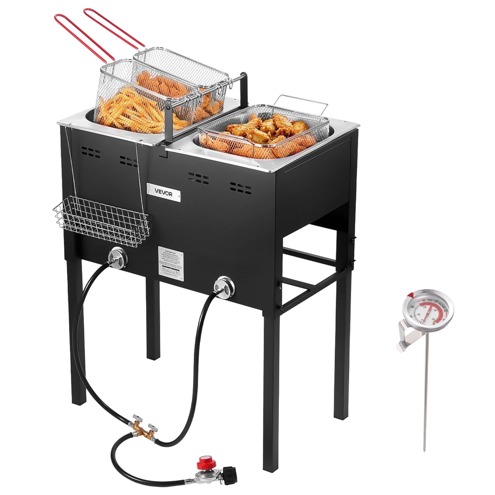 VEVOR Outdoor Propane Deep Fryer, Dual-Tank Commercial Fish Cooker with 3 Baskets and Thermometer (Black, 32 QT) kfzyn