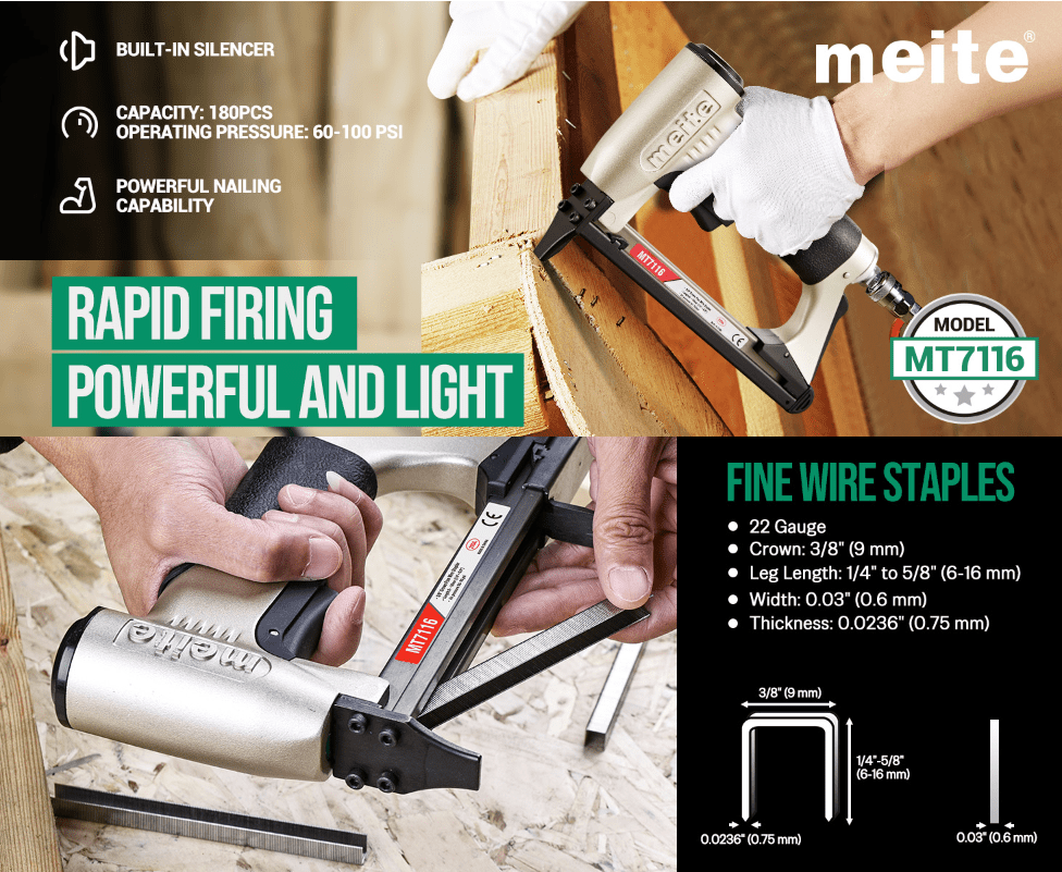 MEITE MT7116 Pneumatic Upholstery Staple Gun (22 Gauge, 3/8 in Crown, 1/4 in to 5/8 in Length) s4jjf