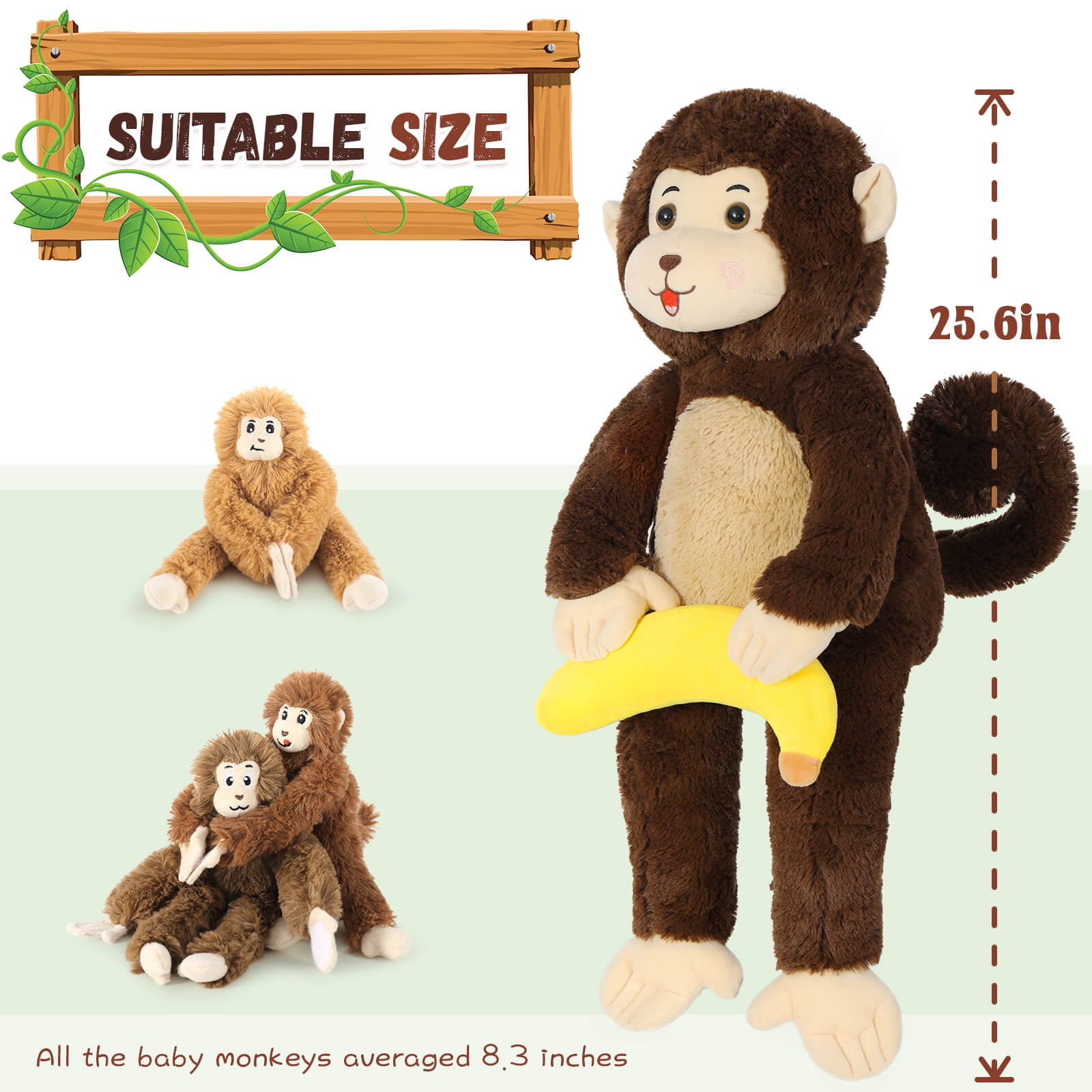 MaoGoLan Monkey Mommy Stuffed Animal Set with 3 Baby Monkeys and 1 Banana Plush Toy (Brown, 25.6 in) lcchm