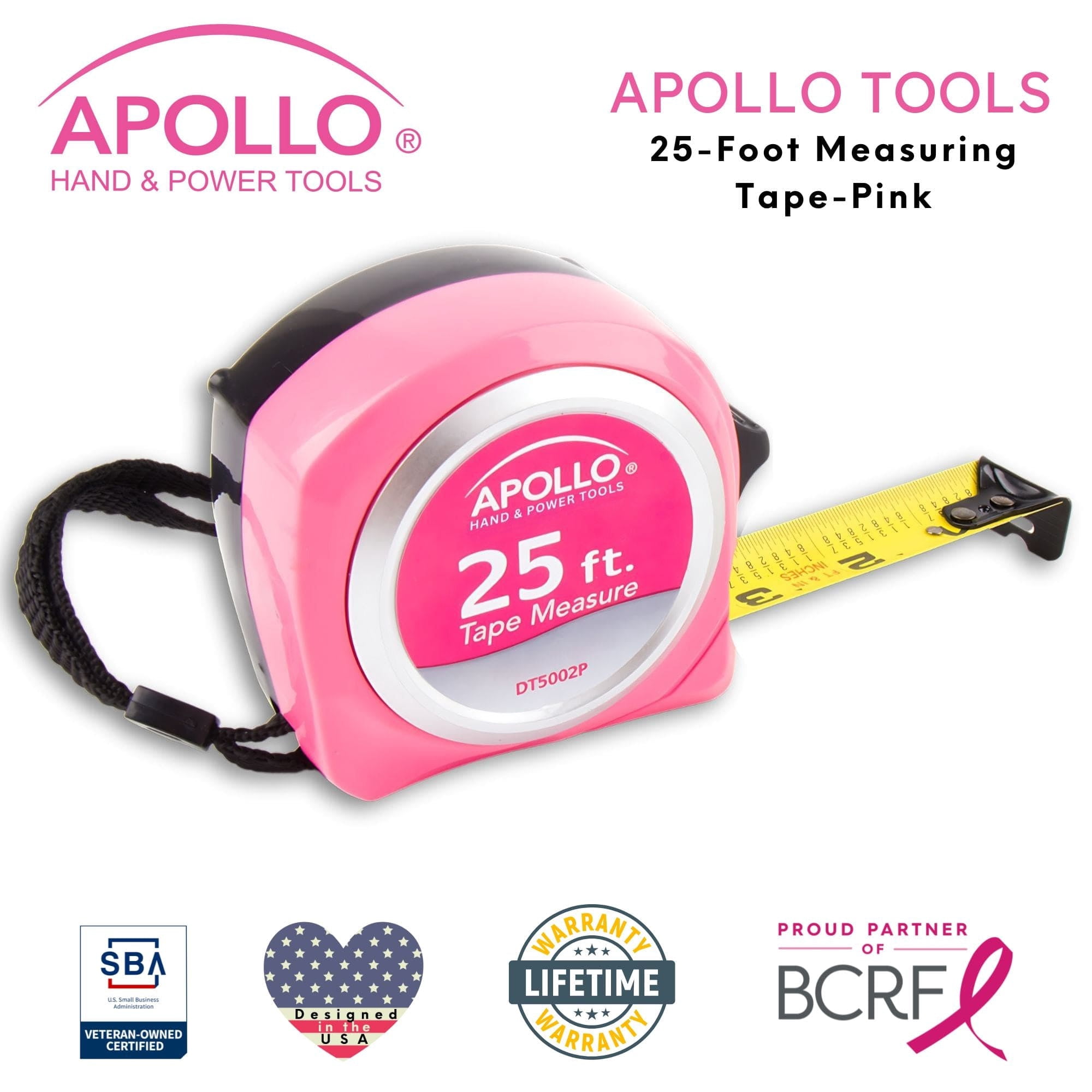 Apollo Tools 25 ft. Tape Measure Heavy-Duty Retractable Measuring Tool (Pink, 25 ft.) 0z5ke