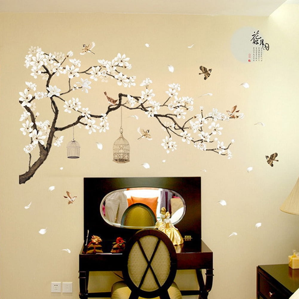 AKDSteel Large Tree Wall Decals with Birds and Flowers (White, 73.6 in x 50.4 in) 81vgn