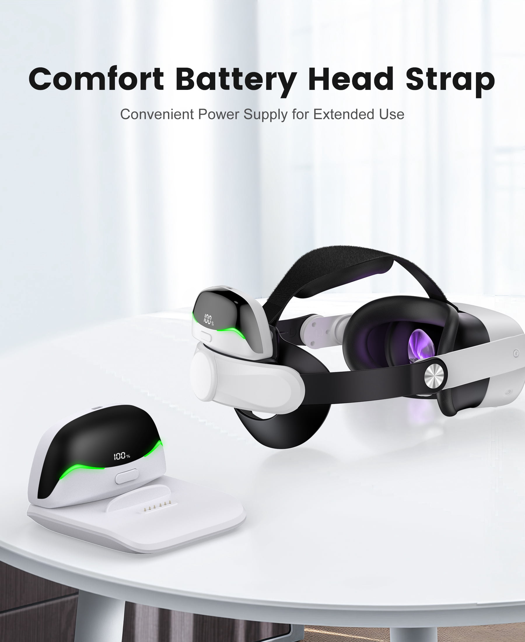 QQV VR Headset Strap for Meta Quest 3/3S/2 with Dual Magnetic Battery Packs and Charging Station (White, 20000mAh) my5q5