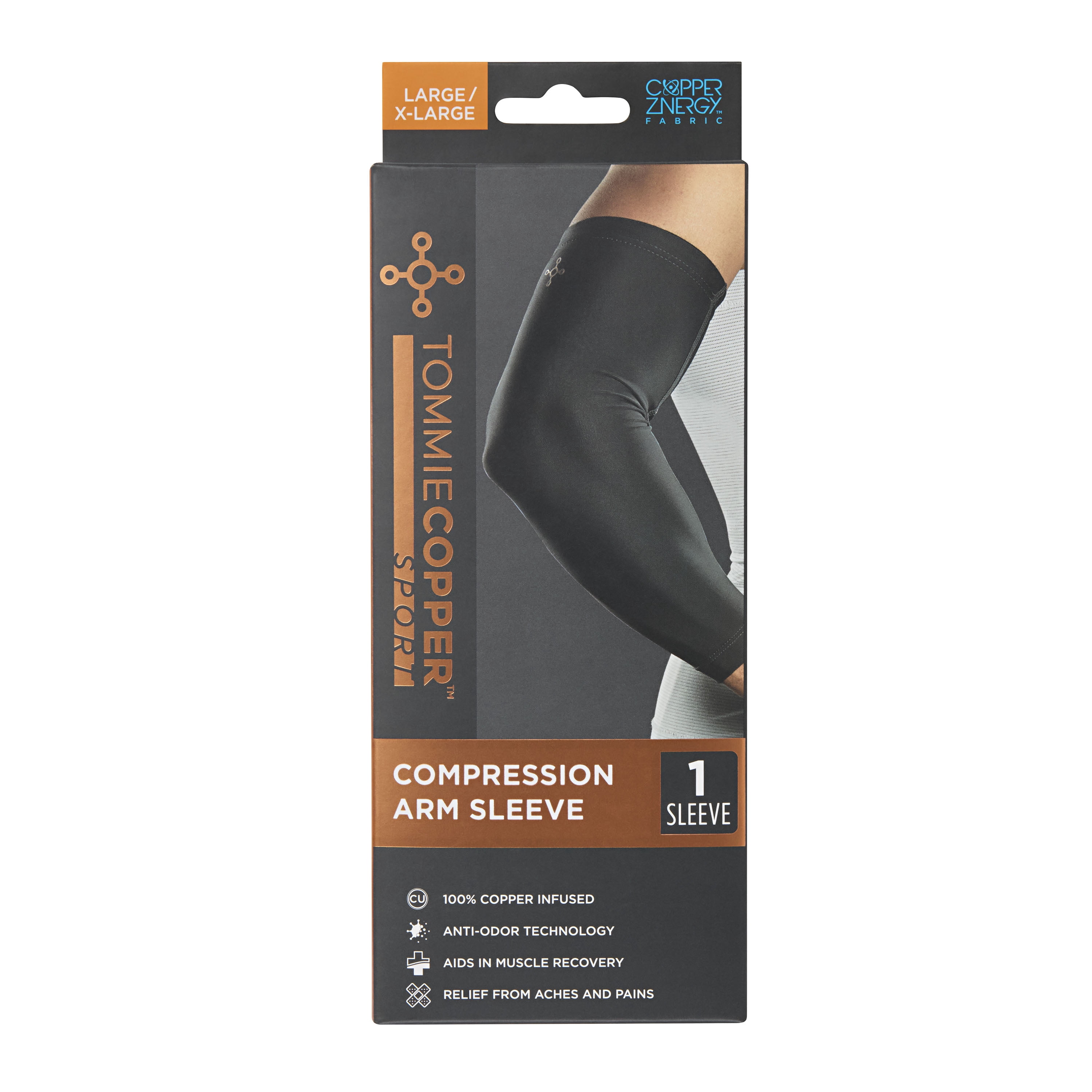 Tommie Copper Sport Compression Arm Sleeve, Copper Infused Support for Muscle Recovery (Black, Large/Extra-Large) rsyht
