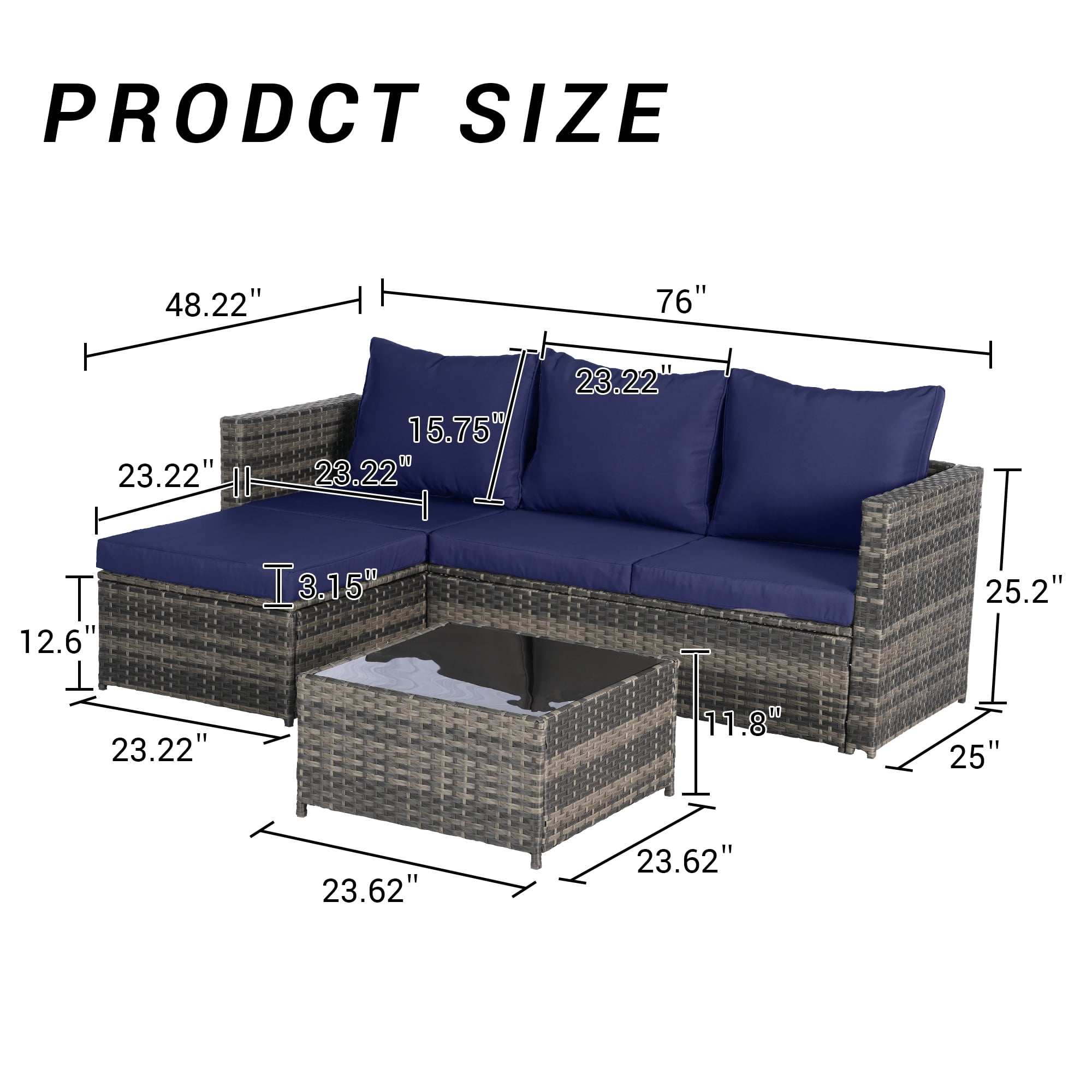 Meiyiu 3-Piece Outdoor Patio Furniture Set, All-Weather Rattan Wicker Conversation Sofa with Cushions, Ottoman, and Glass Table (Blue, 3-Piece Set) pqogq
