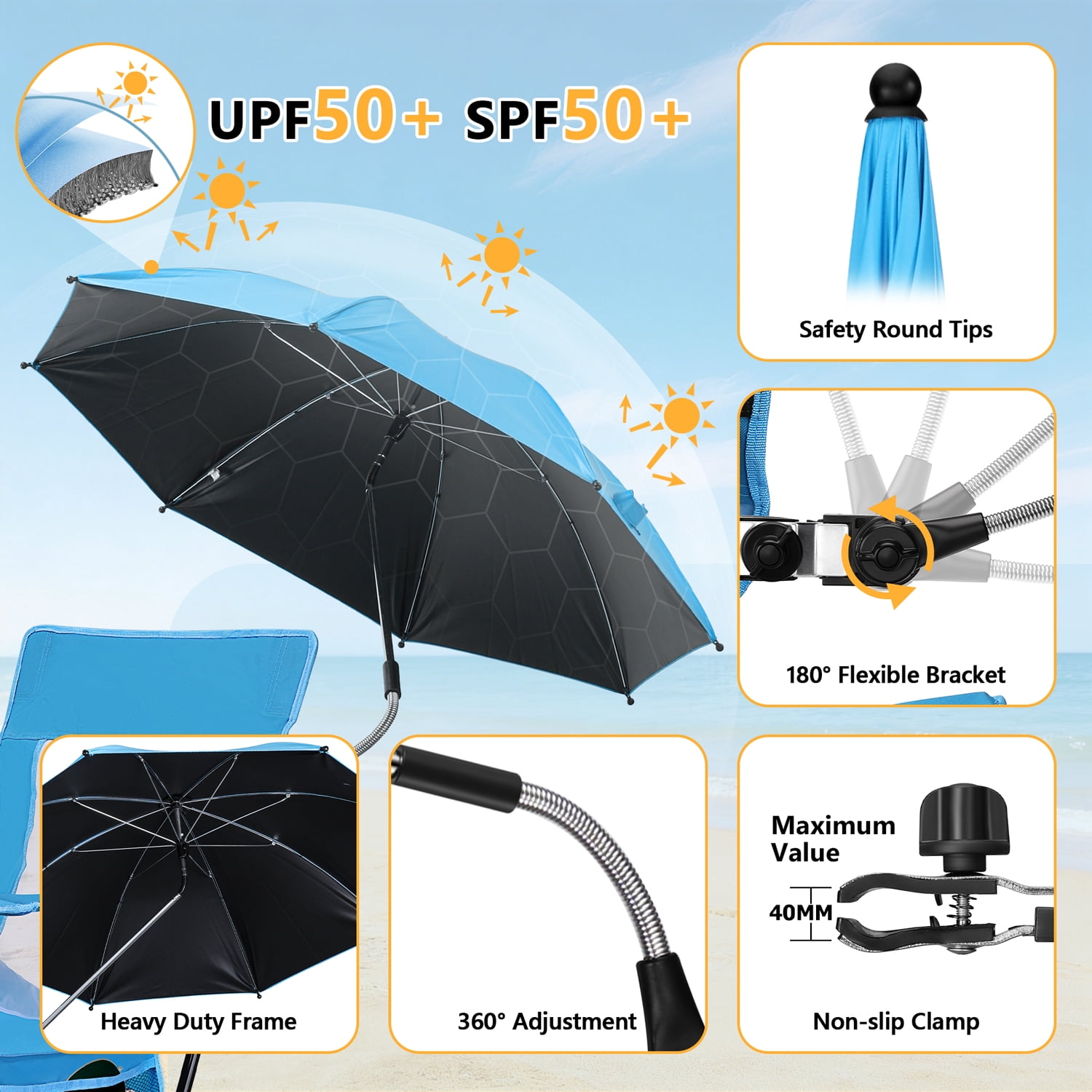Walchoice Folding Beach Chair with Adjustable Umbrella (2 Pack, Blue, 30.7 in Wide Seat) nd0as