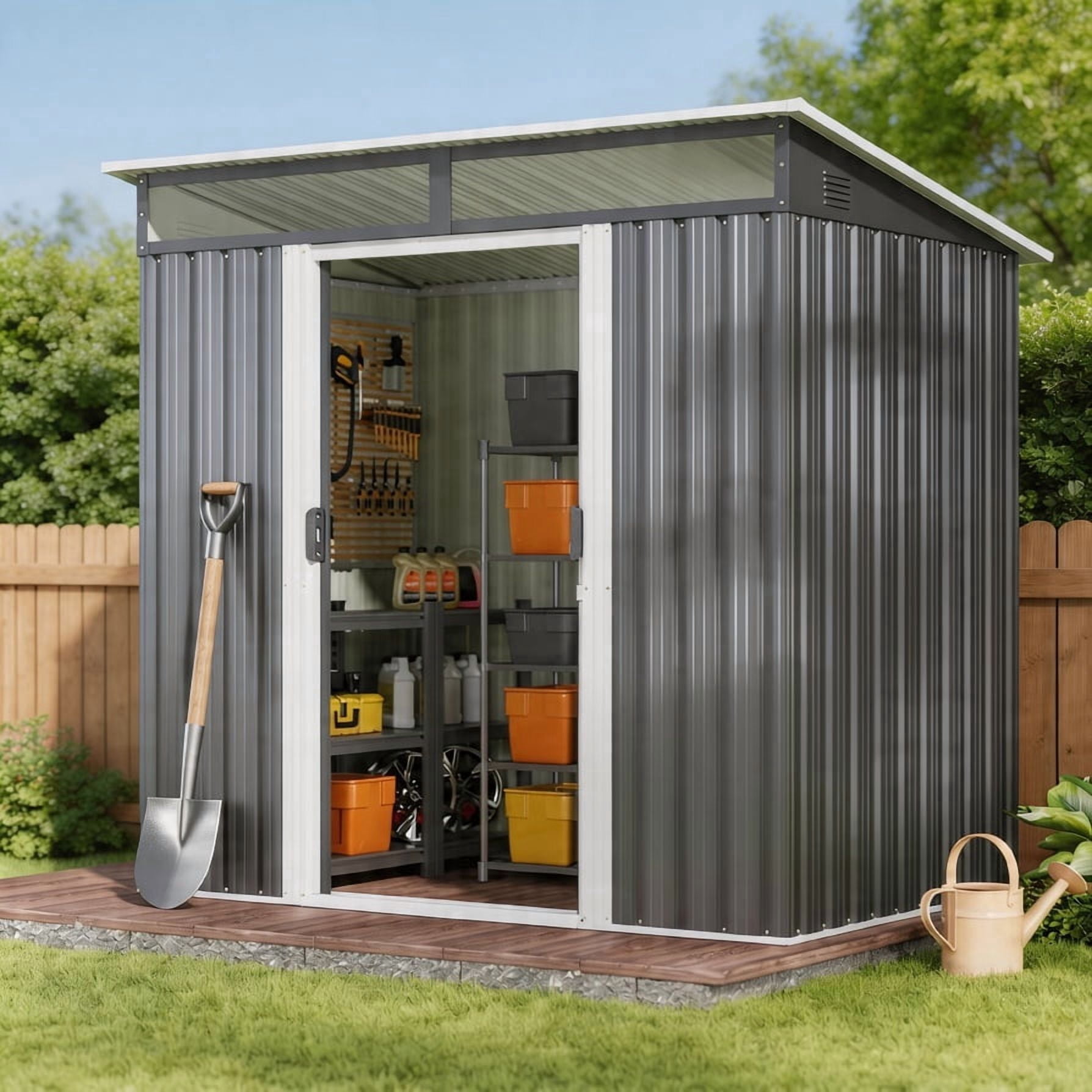Asofer Outdoor Storage Shed, Heavy-Duty Galvanized Steel Backyard Tool Organizer with Window (Dark Gray, 77 in x 43 in x 77 in) efv4z