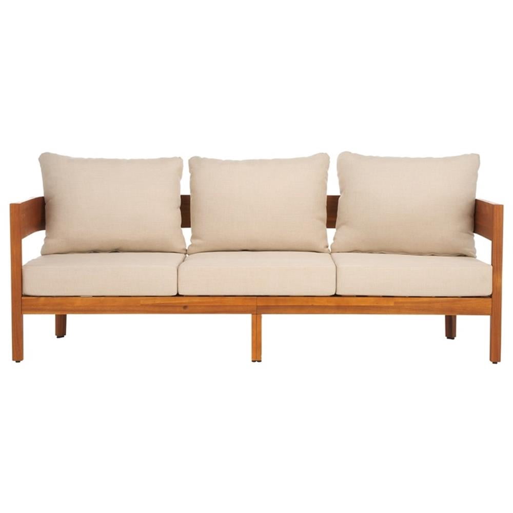 Pemberly Row Outdoor Teak Wood Sofa with Polyester Cushions (Natural/Taupe, 72 in) sf89j