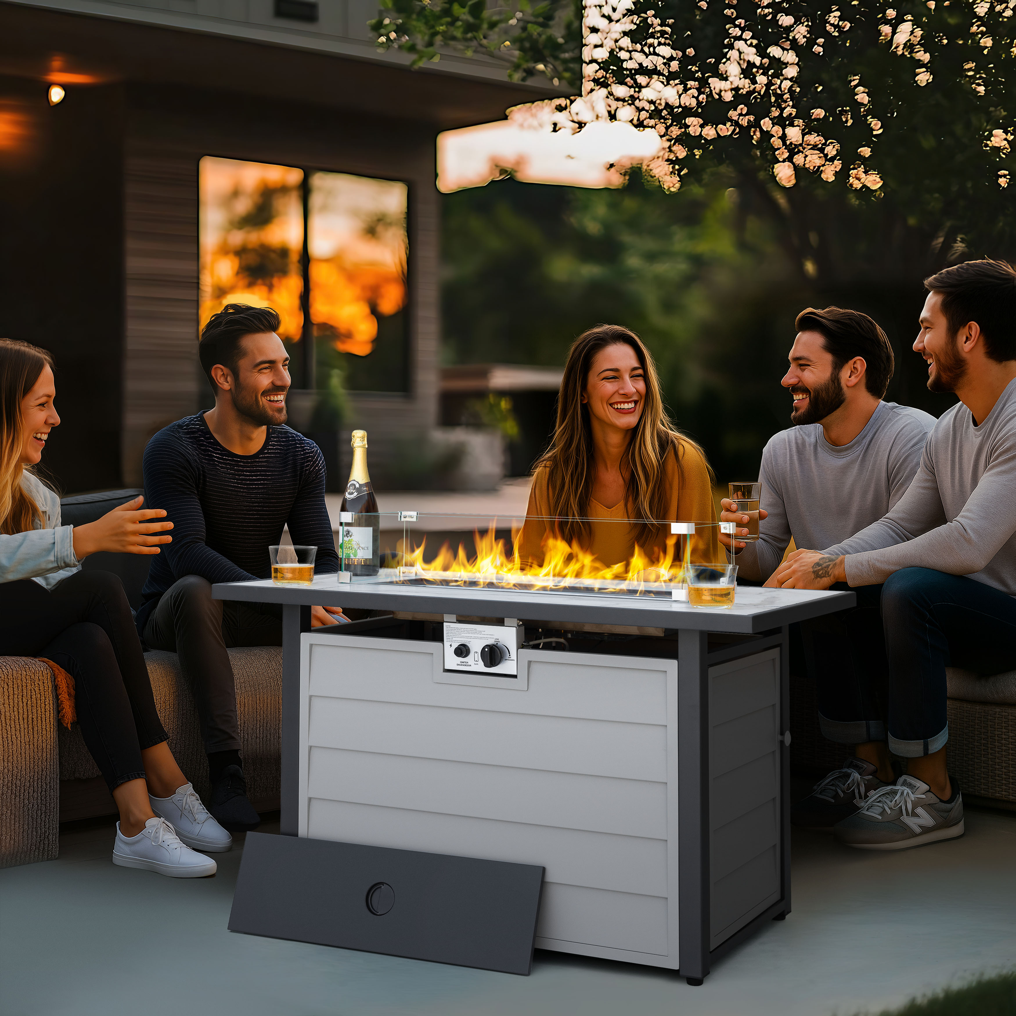 Nuu Garden 43 in Propane Fire Pit Table with Marble Texture Glass Top, 50,000 BTU Outdoor Gas Fireplace with Wind Guard and Lid (Ivory White, 43 in) 8llz3