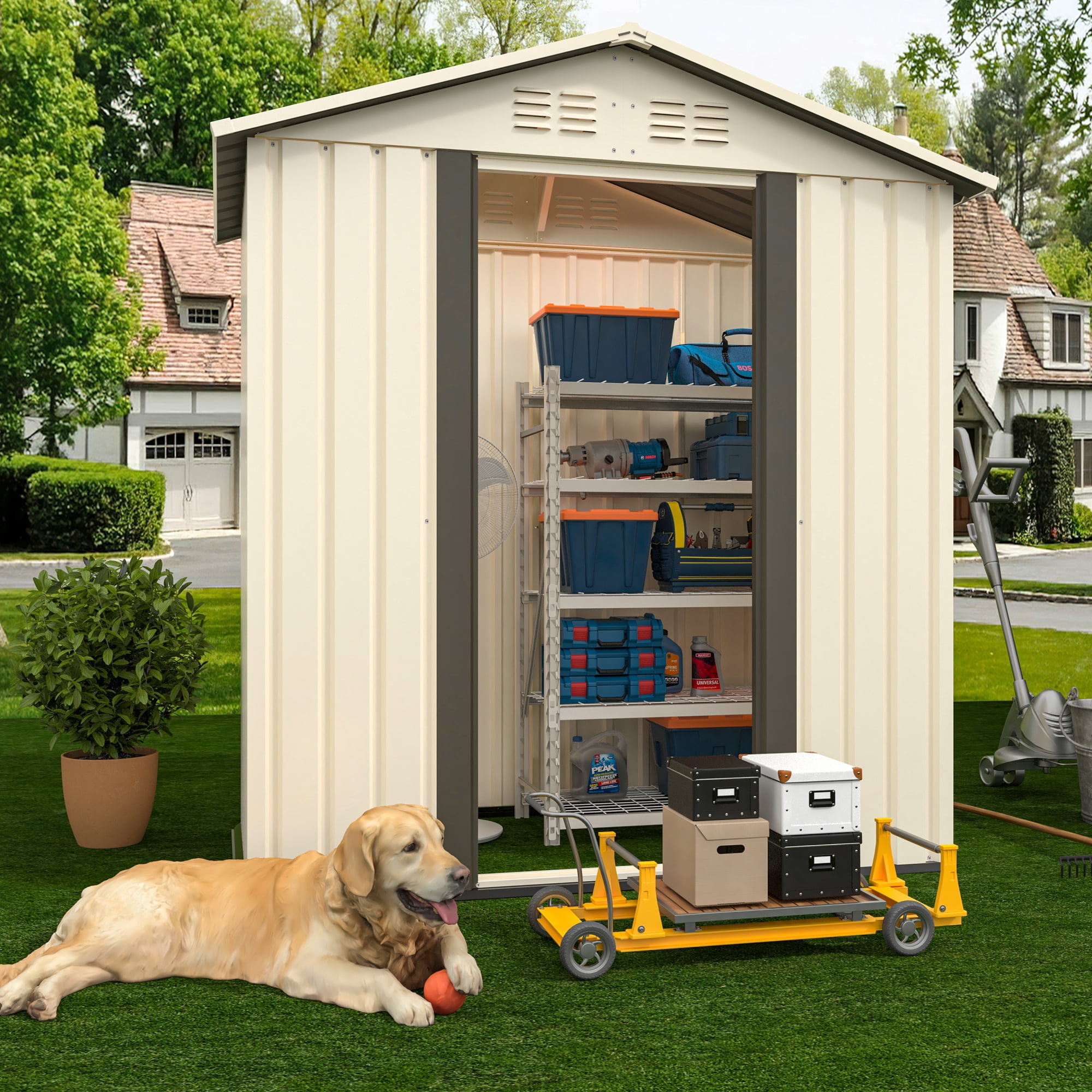 Leumius Outdoor Storage Shed with Pent Roof and Door (Beige, 5 ft x 3 ft) 5zy0d