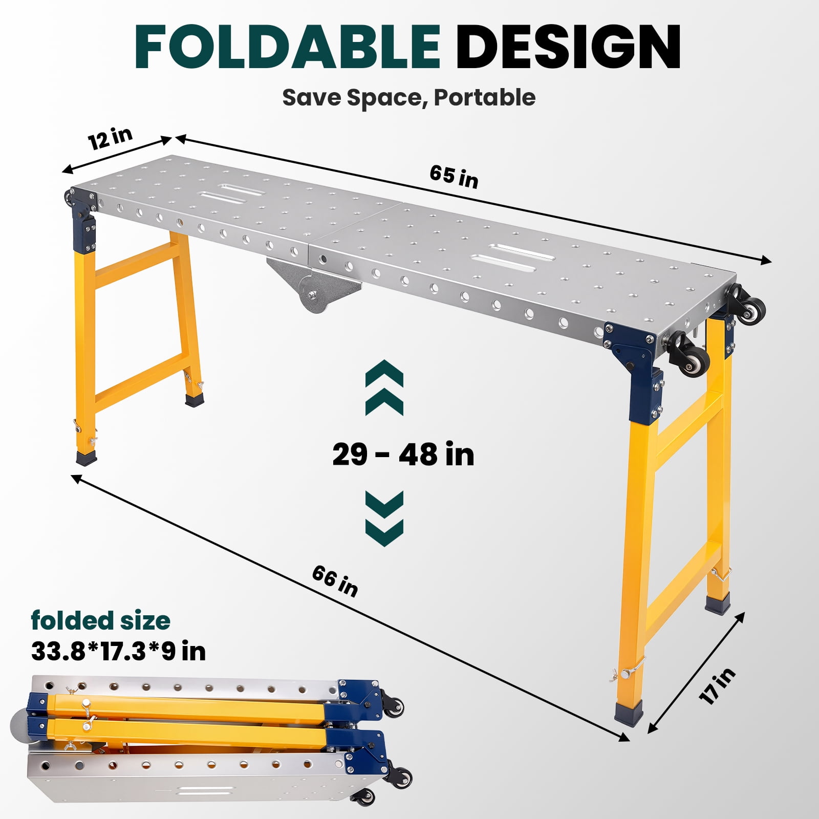 WangHongou Adjustable Welding Workbench Table, Heavy-Duty Carbon Steel Folding Workstation with Wheels (Yellow, 1200 lb) xih8f
