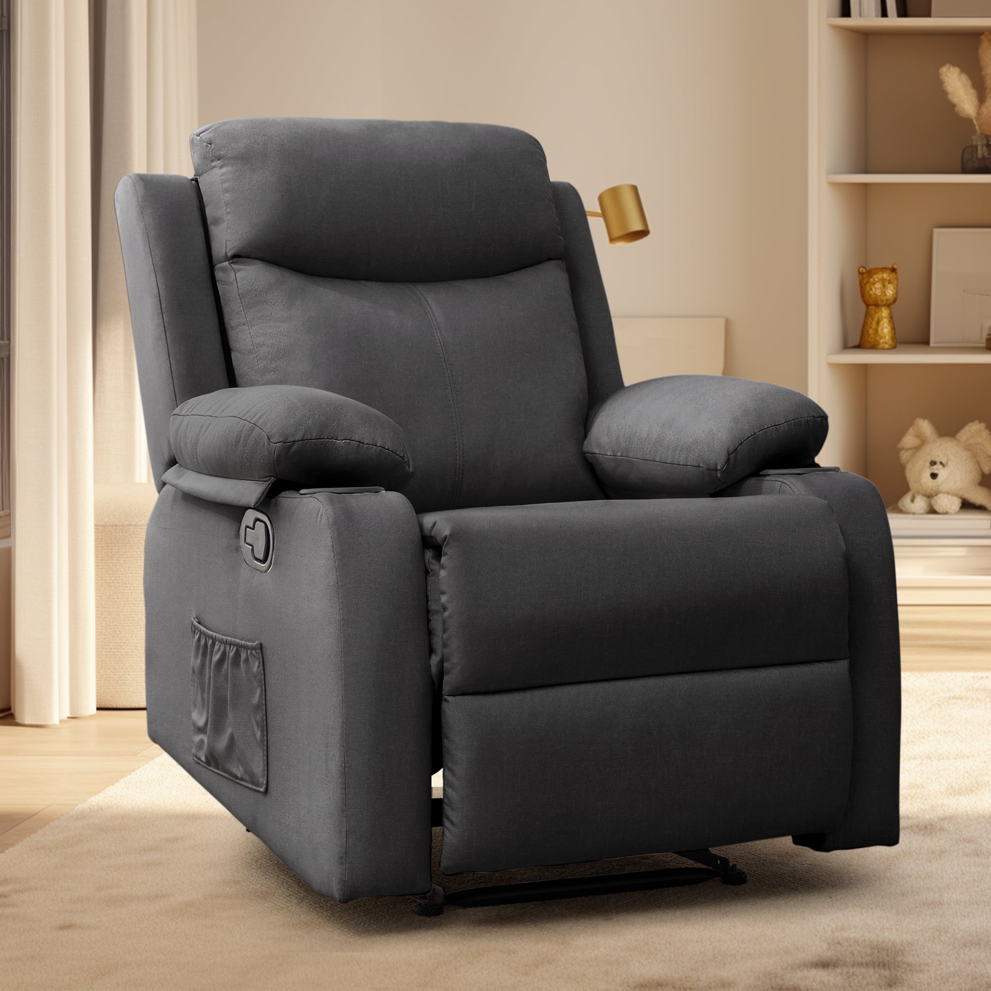 KORSER Manual Recliner Chair for Small Spaces, Breathable Linen Fabric with Cup Holders (Dark Grey, 35.4 in D x 31.1 in W x 35.8 in H) u5p7p