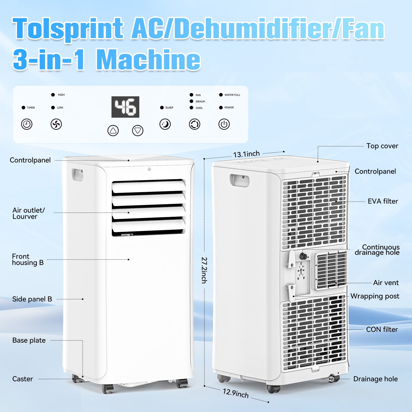 Tolsprint 12000 BTU Portable Air Conditioner 4-in-1 Cooling Unit with Remote Control and LED Display (450 sq. ft. Coverage) cwjs9