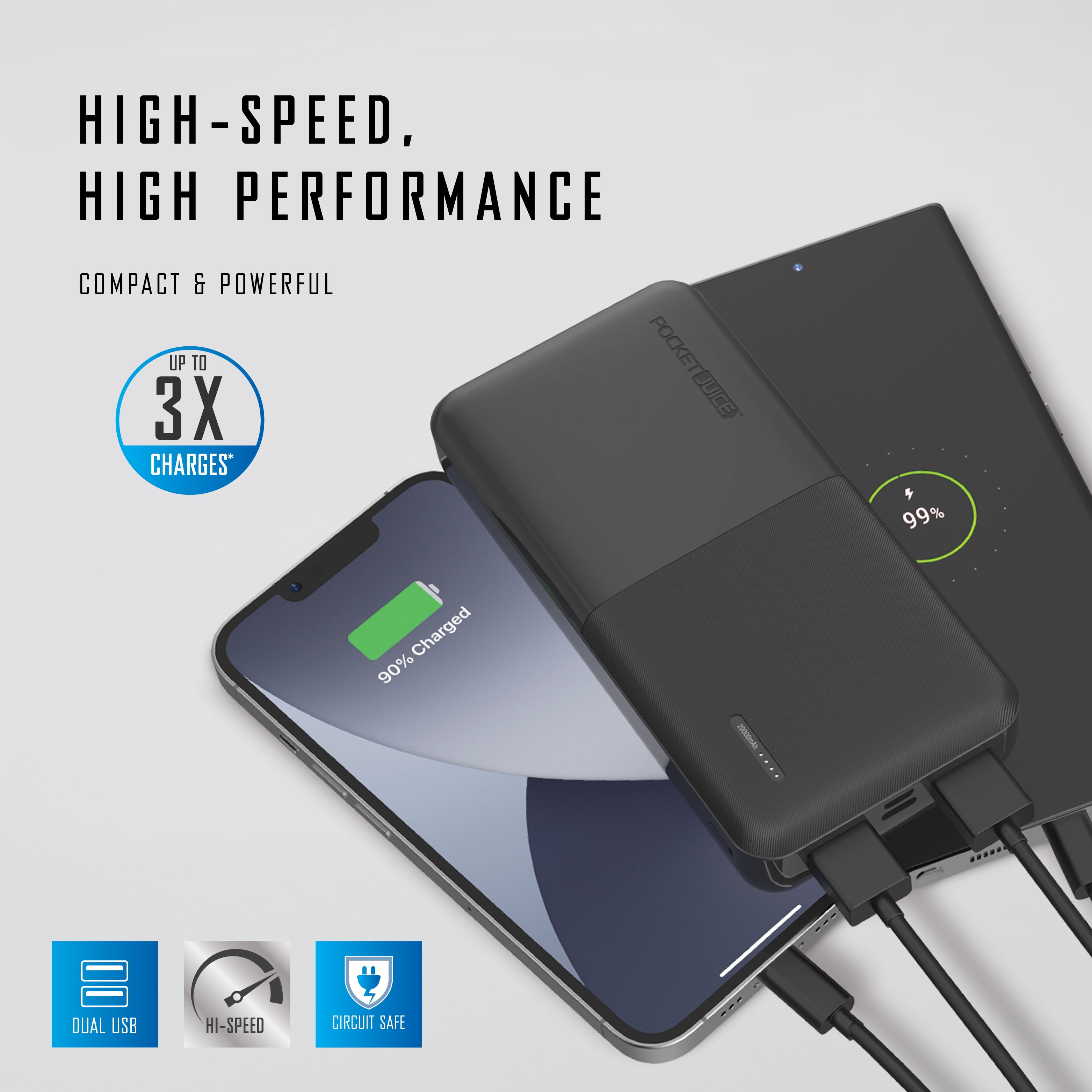 Pocket Juice Slim Pro Portable Power Bank, 20,000mAh Dual USB Charger (Black, 5.5 x 2.75 x 1 in) 6xrv2