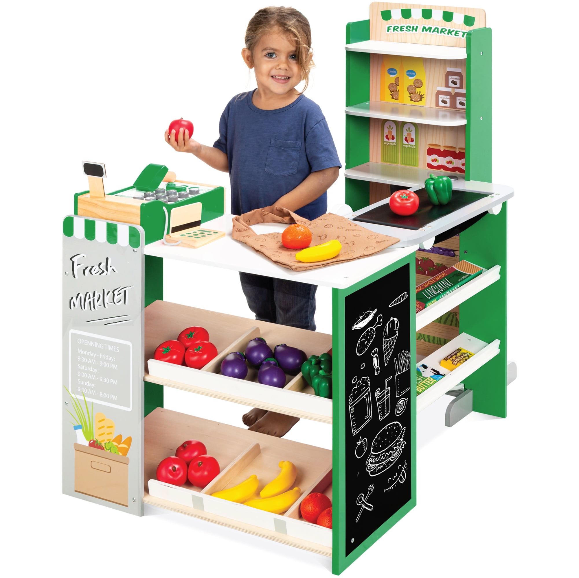 Best Choice Products Kids Pretend Play Grocery Store Wooden Supermarket Set with Chalkboard and Cash Register (Green, 35 in x 23 in x 36 in) plnd3