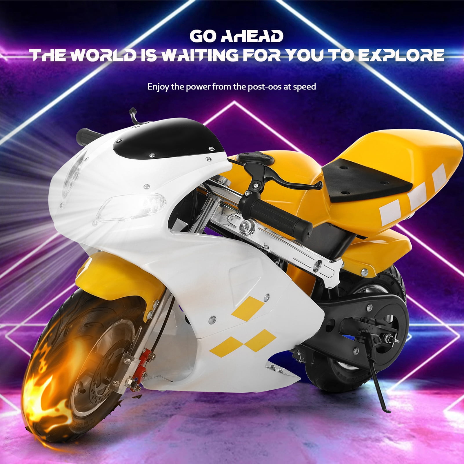 Aqyh Kids Gas Pocket Bike, 49cc 2-Stroke Mini Motorcycle with Dual Disc Brakes and Headlights (White and Yellow, 170 lb Max Load) caajz