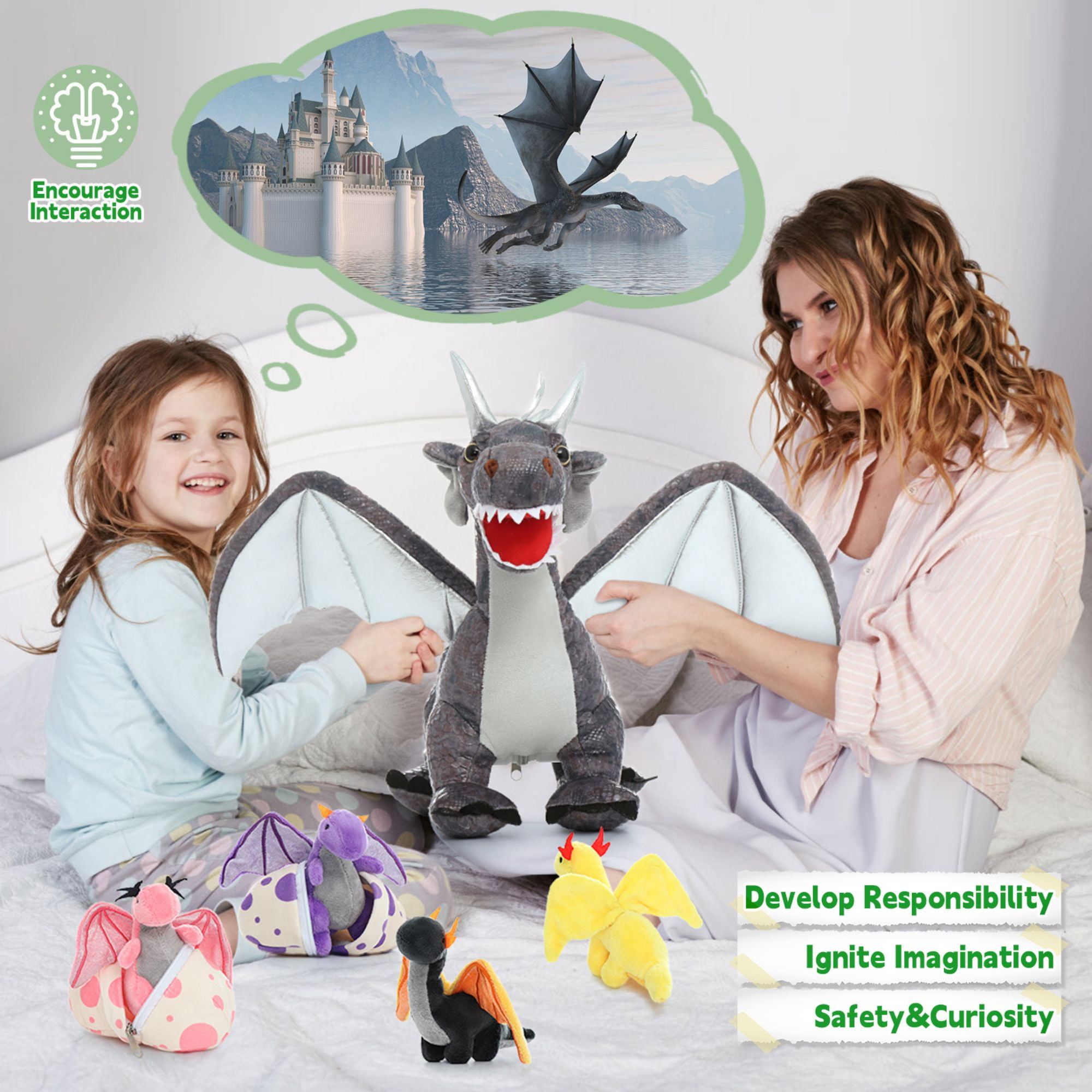 MaoGoLan Dragon Plush Set, Large Stuffed Mommy Dragon with 4 Babies and 2 Eggs (Grey, 21.6 in) fqjxr