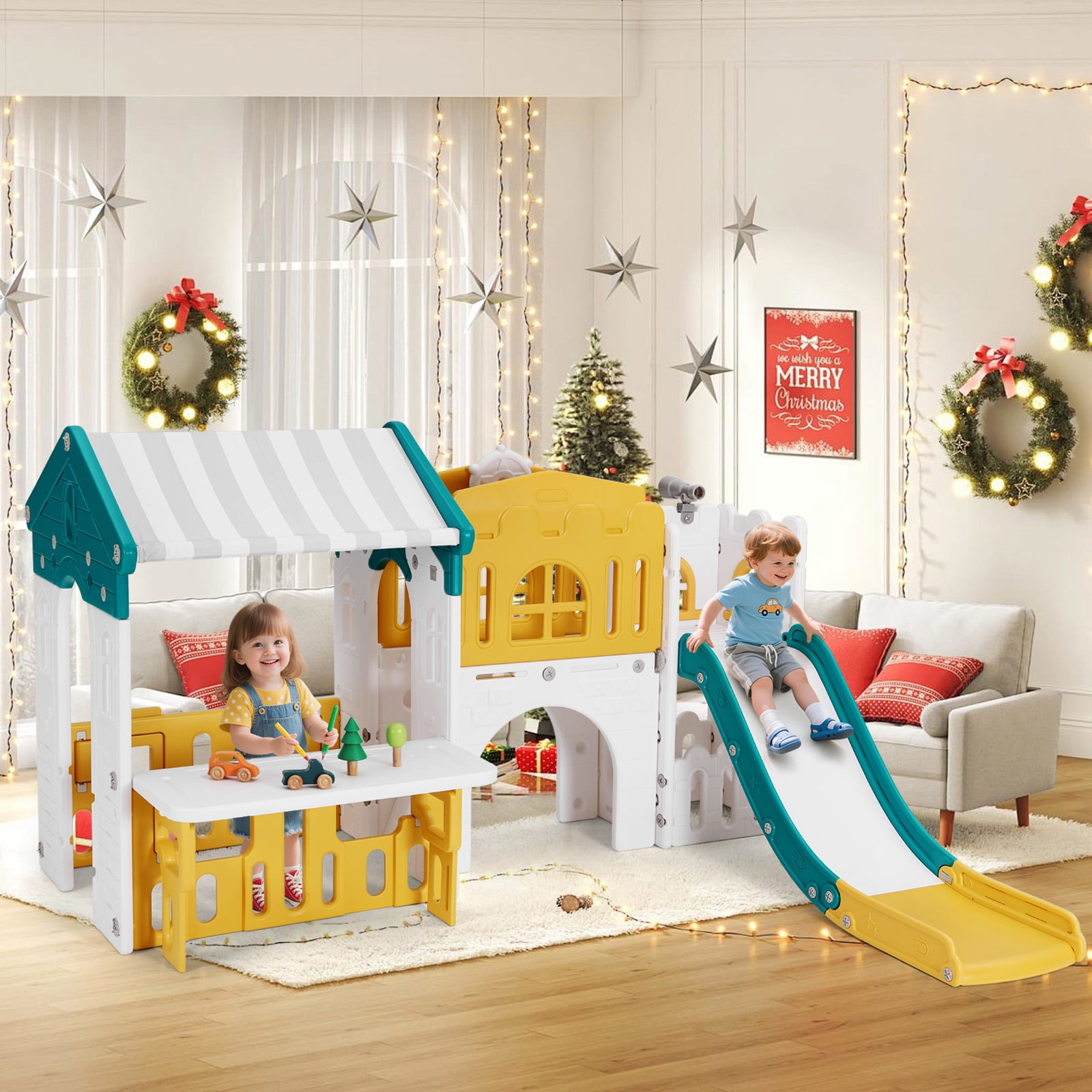 Joyldias 9-in-1 Toddler Slide and Playhouse Playset with Basketball Hoop and Climbing Ladder (Green, Yellow, White) k0fc2