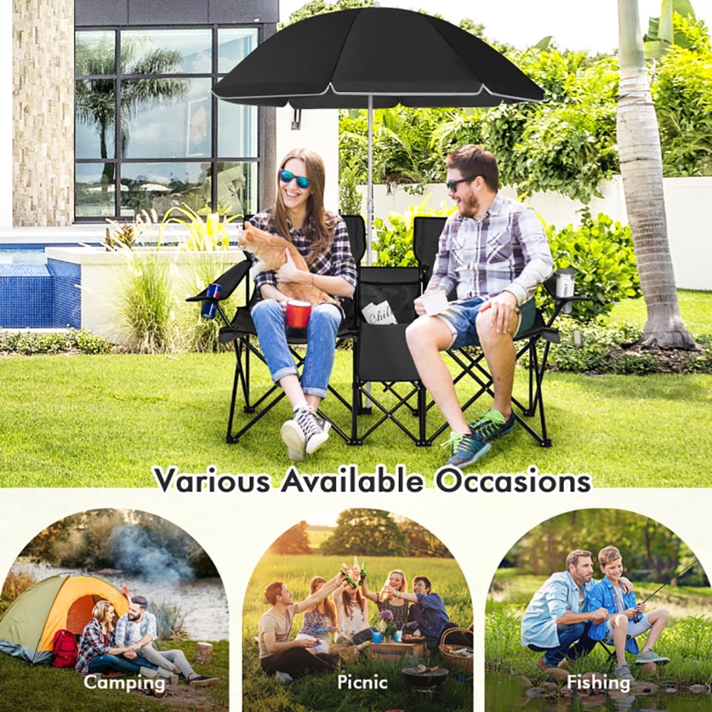 Kadyn Double Folding Camping Chair with Umbrella, Portable Outdoor Picnic Loveseat with Cooler Bag (Black, 2-Seat) vqnre