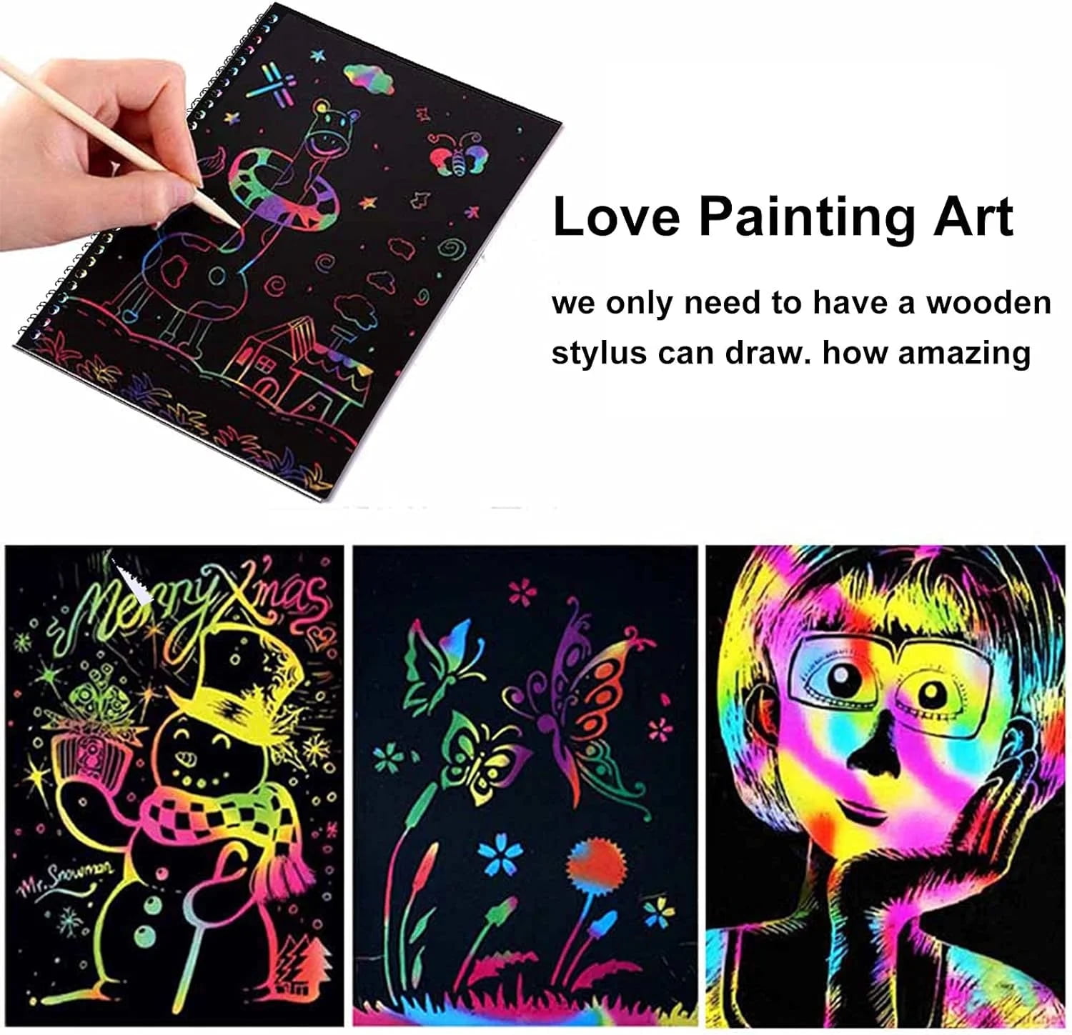 BSHAPPLUS Rainbow Scratch Art Notebooks, Creative DIY Drawing Activity Set for Kids (Black, 4 Pack, 10.2 in x 7.5 in) typ0r